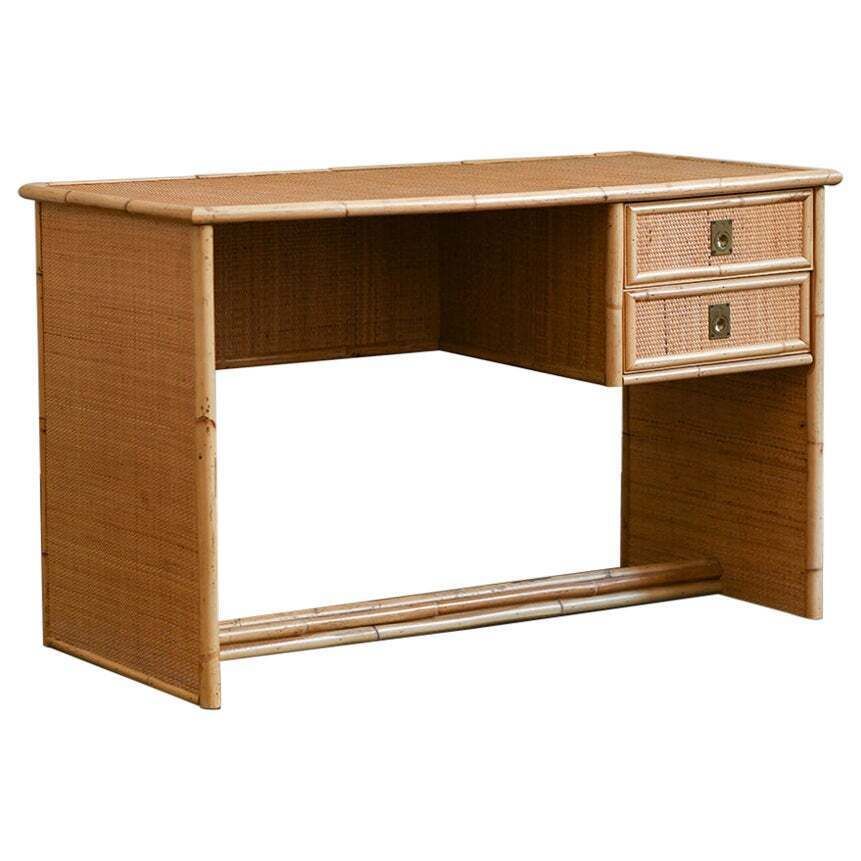 Desk In Bamboo And Wicker With Brass Details. Produced By Dal Vera, 1970s
