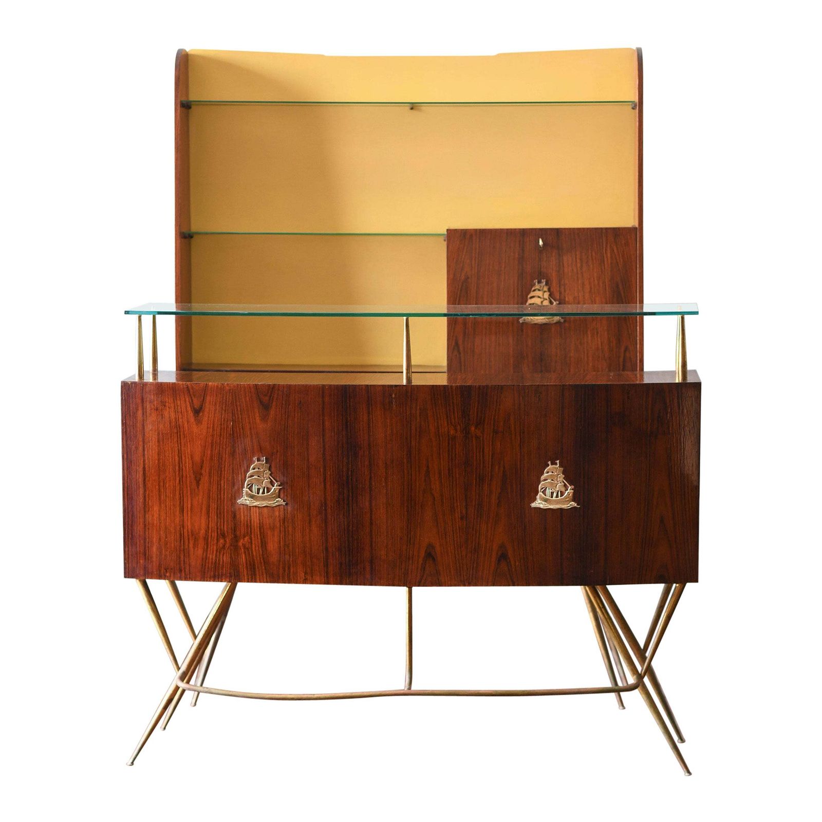 Mid Century Bar Counter In Wood, Brass And Glass. Italian Artisan Production.