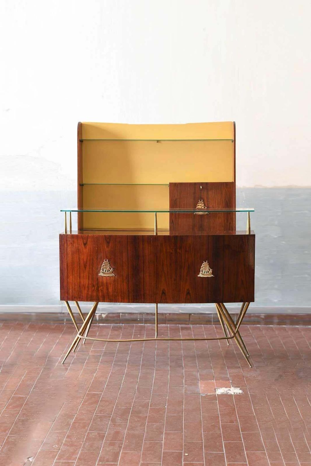 Mid Century Bar Counter In Wood, Brass And Glass. Italian Artisan Production. photo furniture