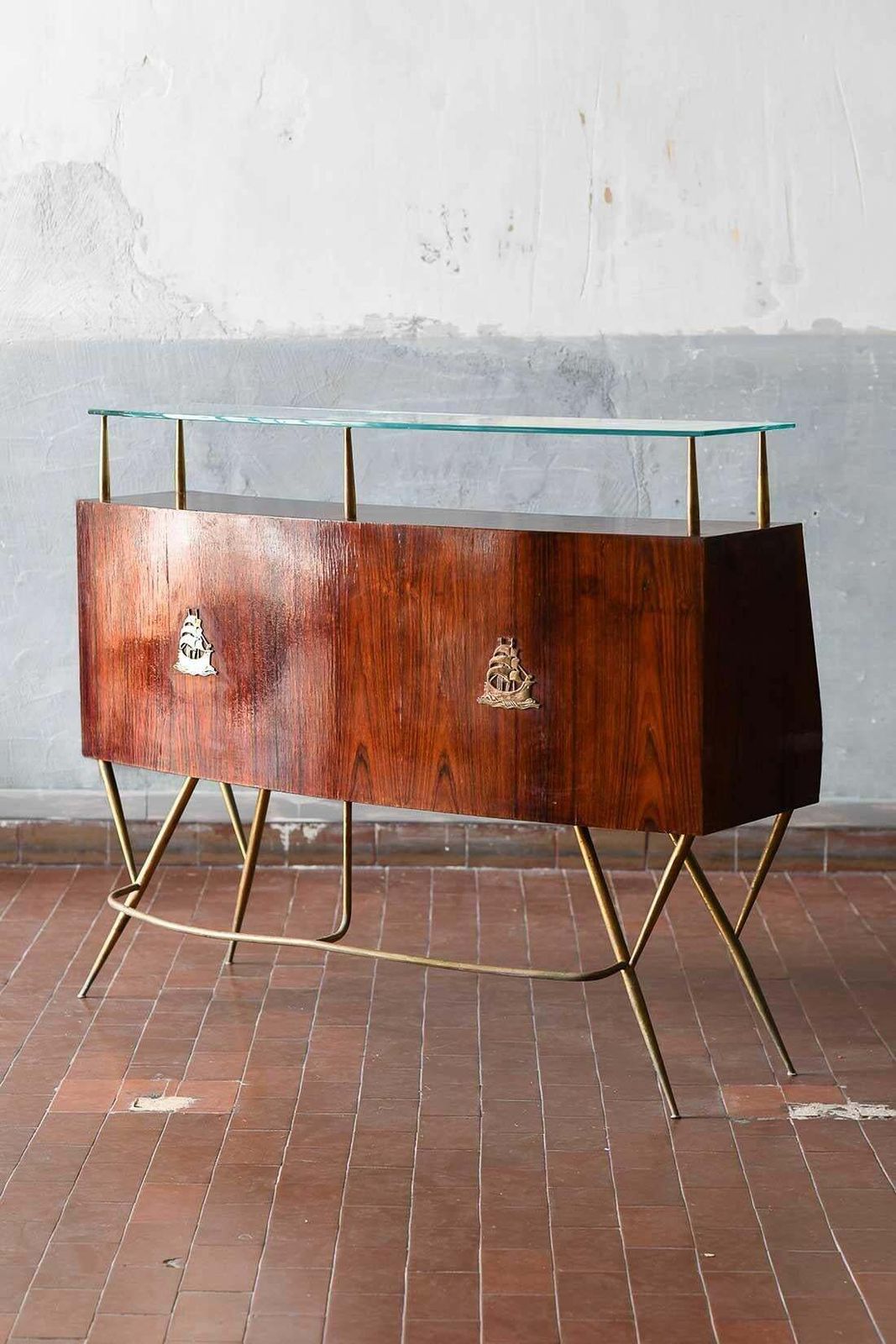 Mid Century Bar Counter In Wood, Brass And Glass. Italian Artisan Production. photo 5946.0