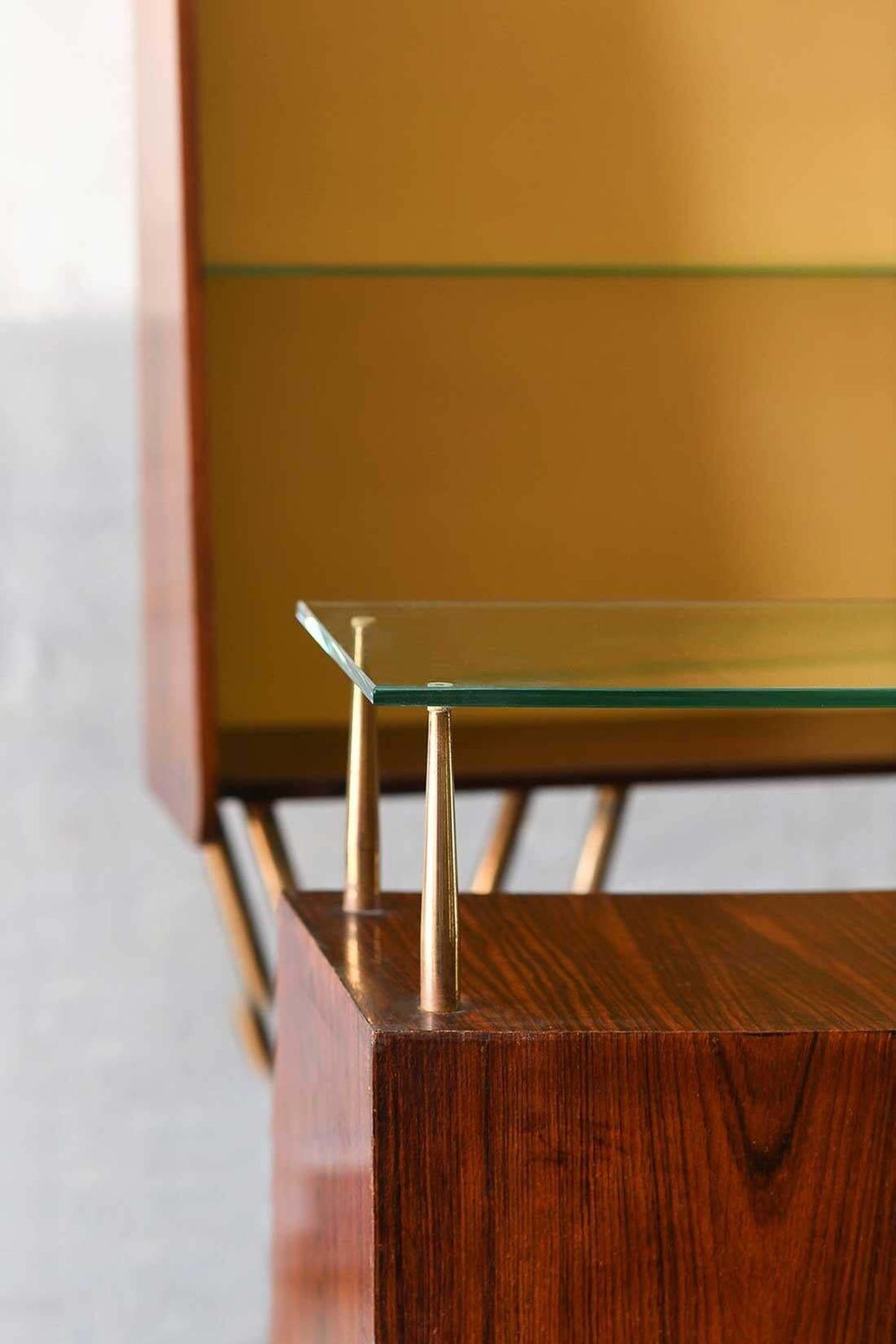 photo for sale Mid Century Bar Counter In Wood, Brass And Glass. Italian Artisan Production.