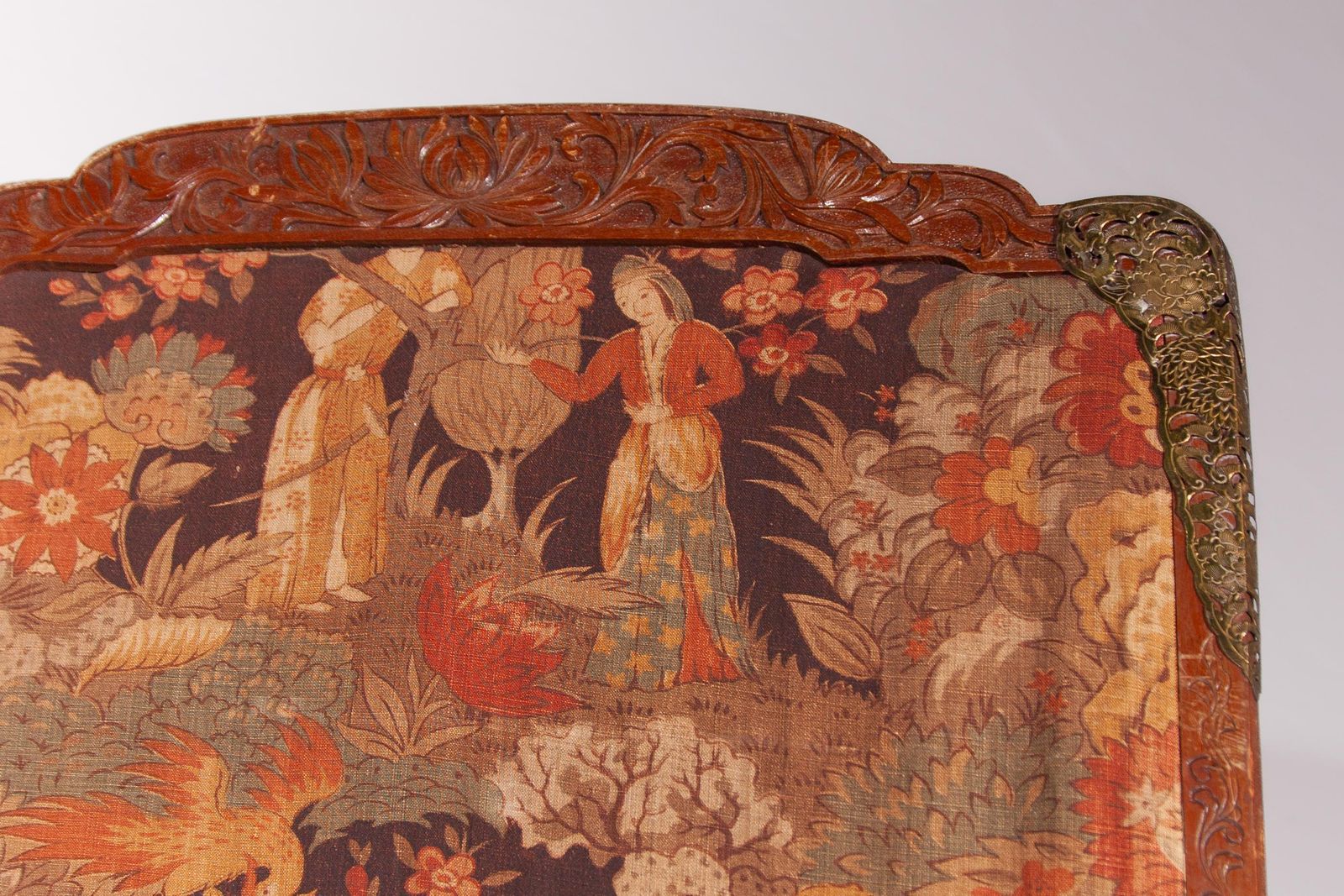 Victorian Four Panel Screen, Roomdivider In Carved Wood, Poetic Design In Fabric photo 4298.0