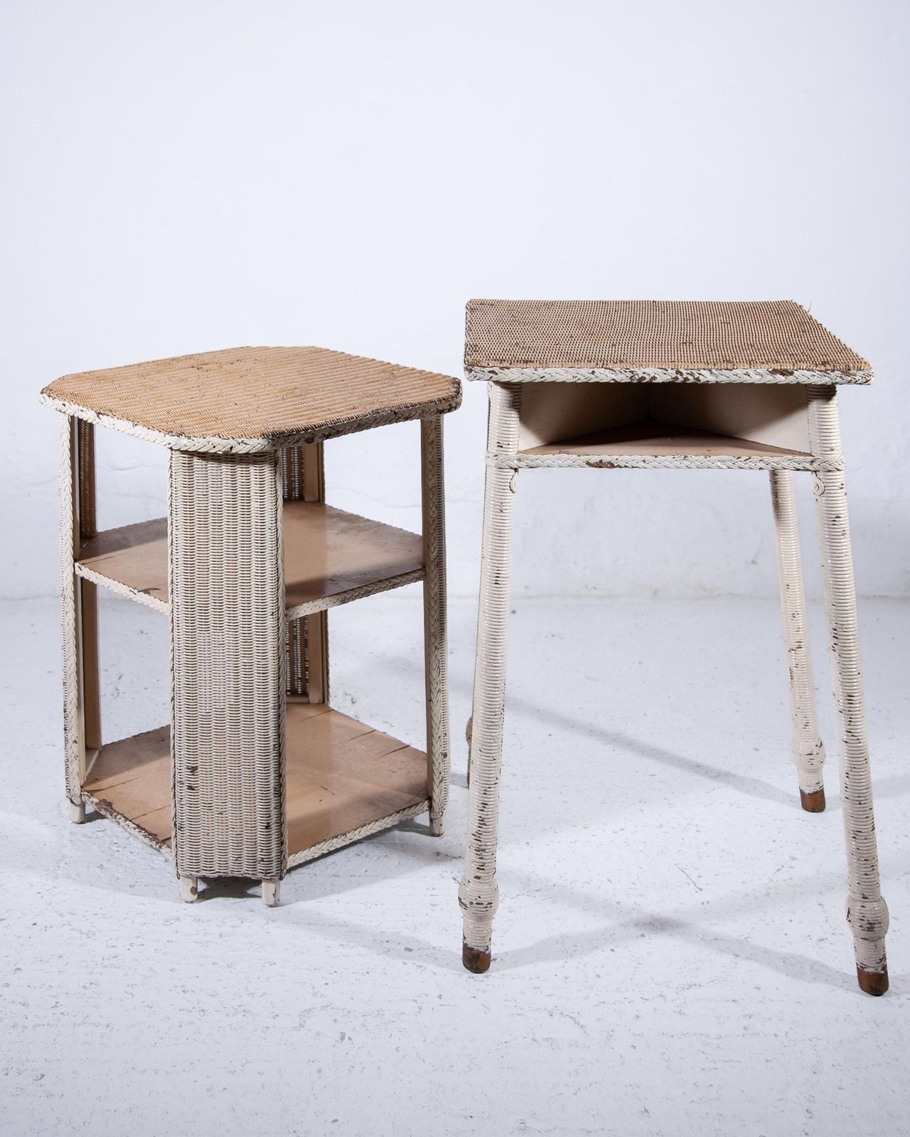 Set Of Two Art Deco Lloyd Loom Tables In Wicker And Wood photo for sale