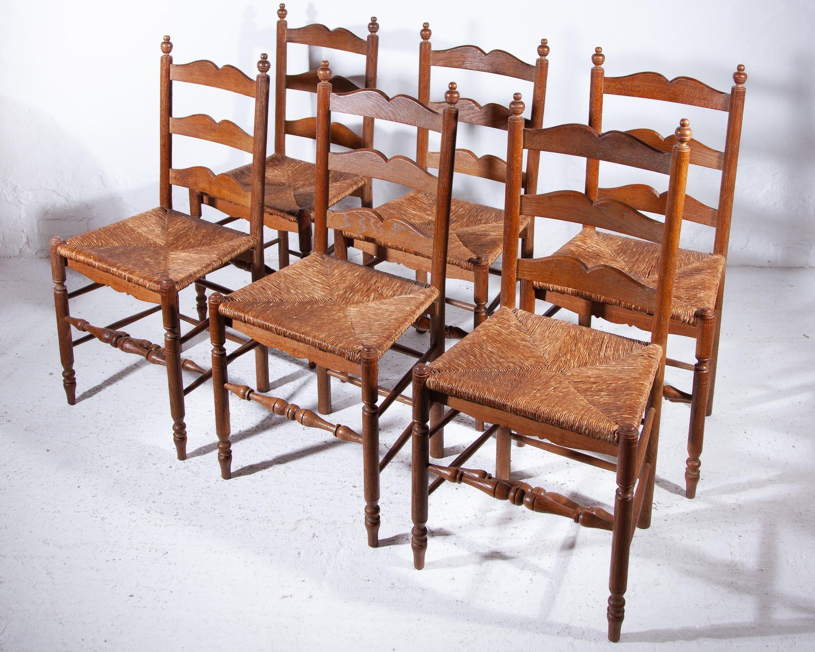 2472.0 Antique Ladder Back Rush Seat Chairs Set Of Six photo