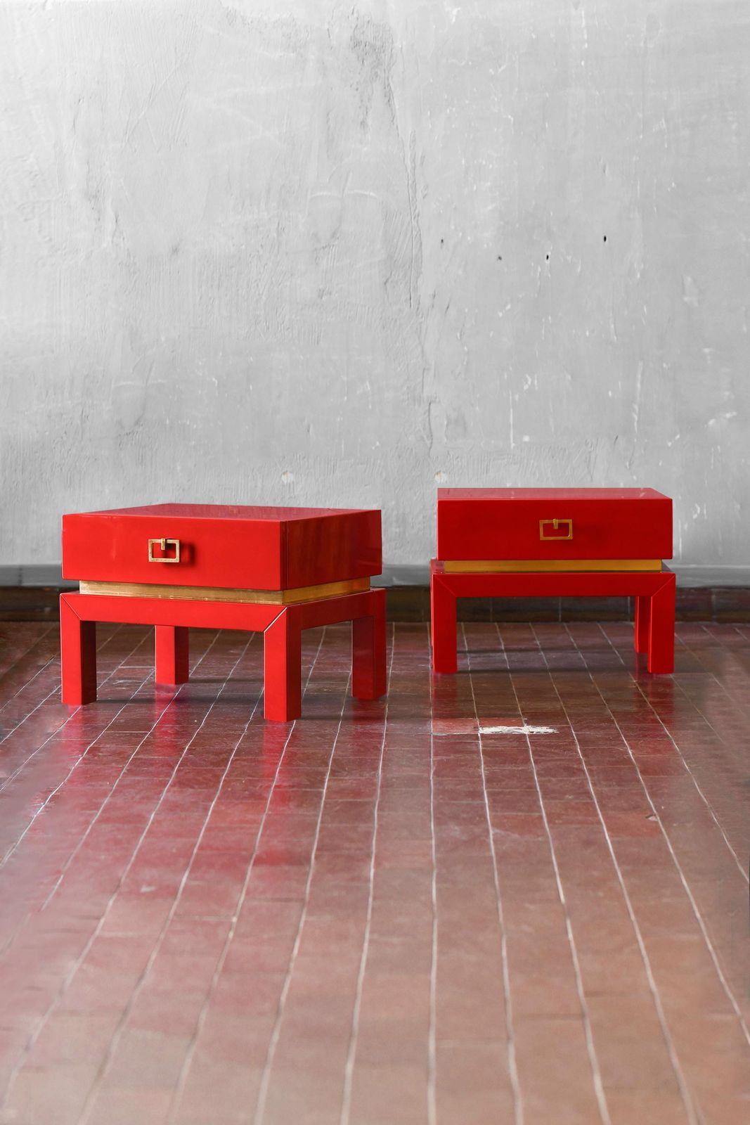 Pair Of China Red Bedside Tables With Brass Details From The 1970s photo furniture