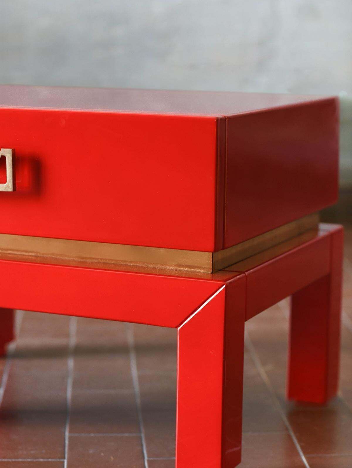 Pair Of China Red Bedside Tables With Brass Details From The 1970s photo Furniture
