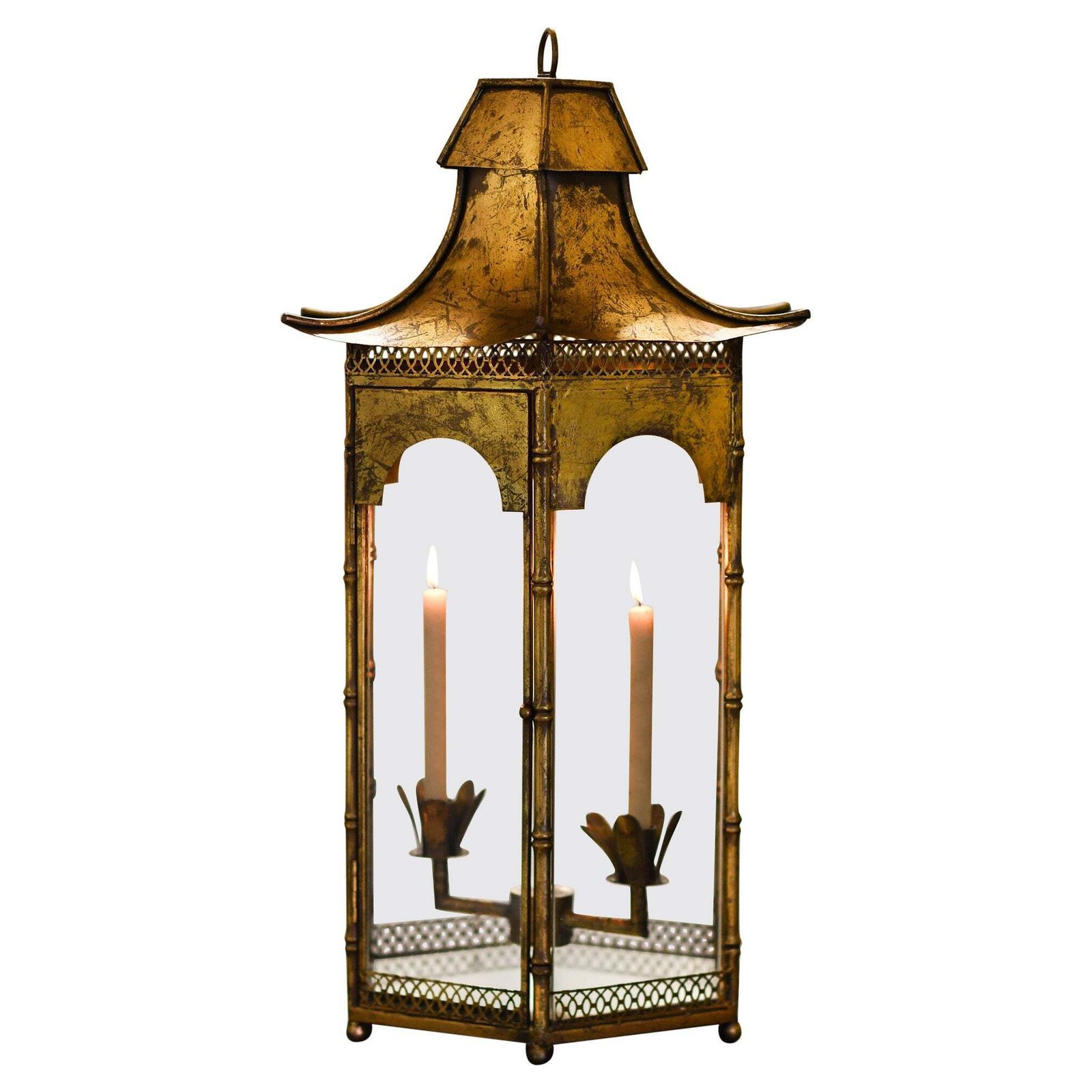 Large Pagoda Shaped French Lantern In Golden Metal From The 1970s