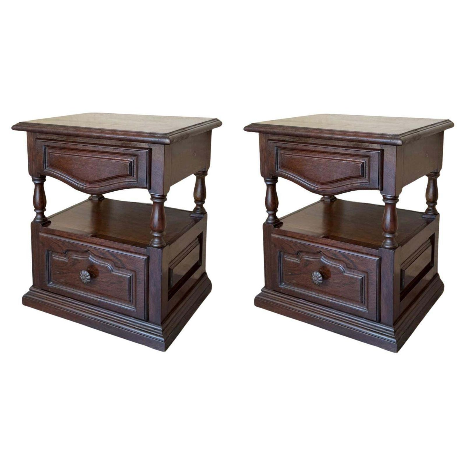 20th Century Pair Of Solid Carved Spanish Nightstands With Two Drawers