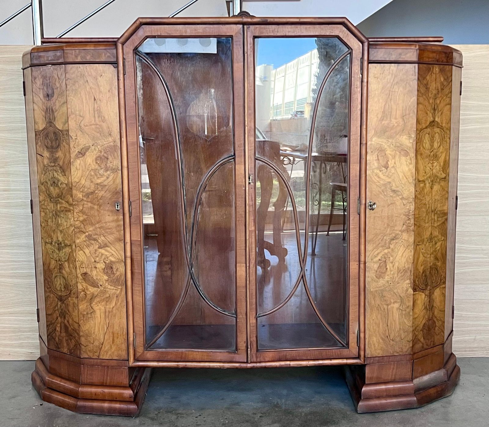 Art Deco Cathedral Display Cabinet With Ebonized Base, Vitrine, Circa 1930 photo for sale