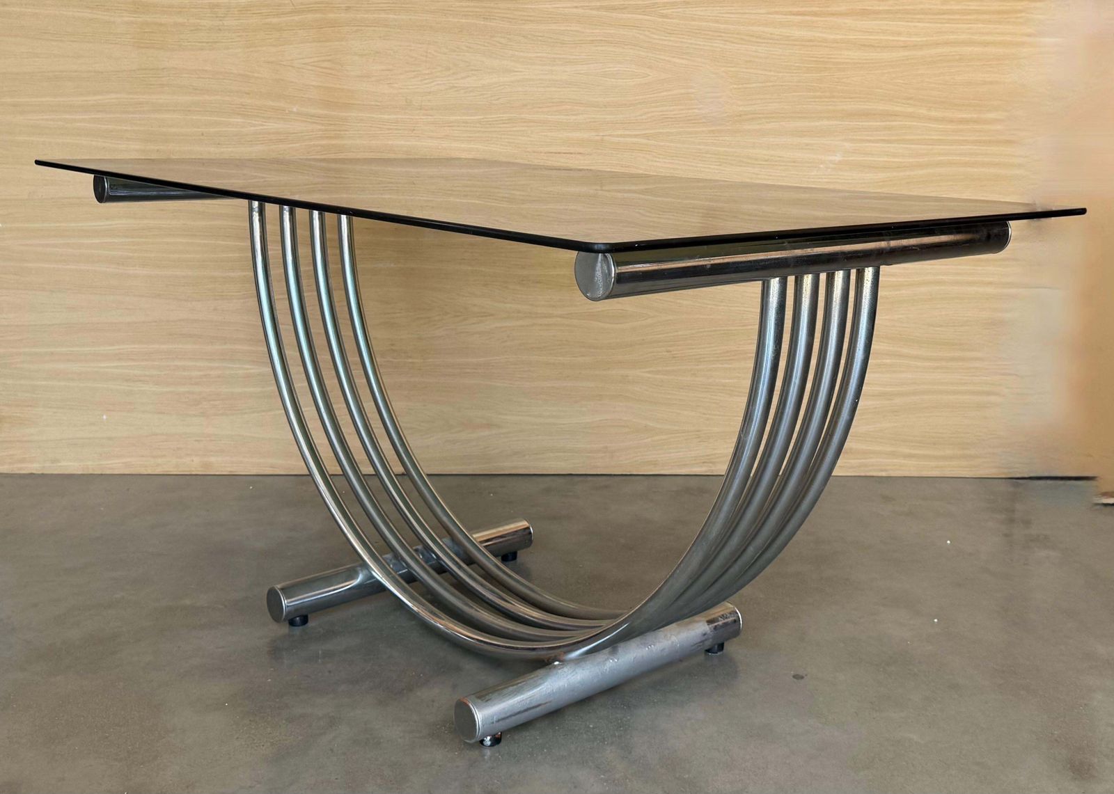 Table à manger mid-century modern de style Romeo Rega, en chrome, laiton et verre photo buy