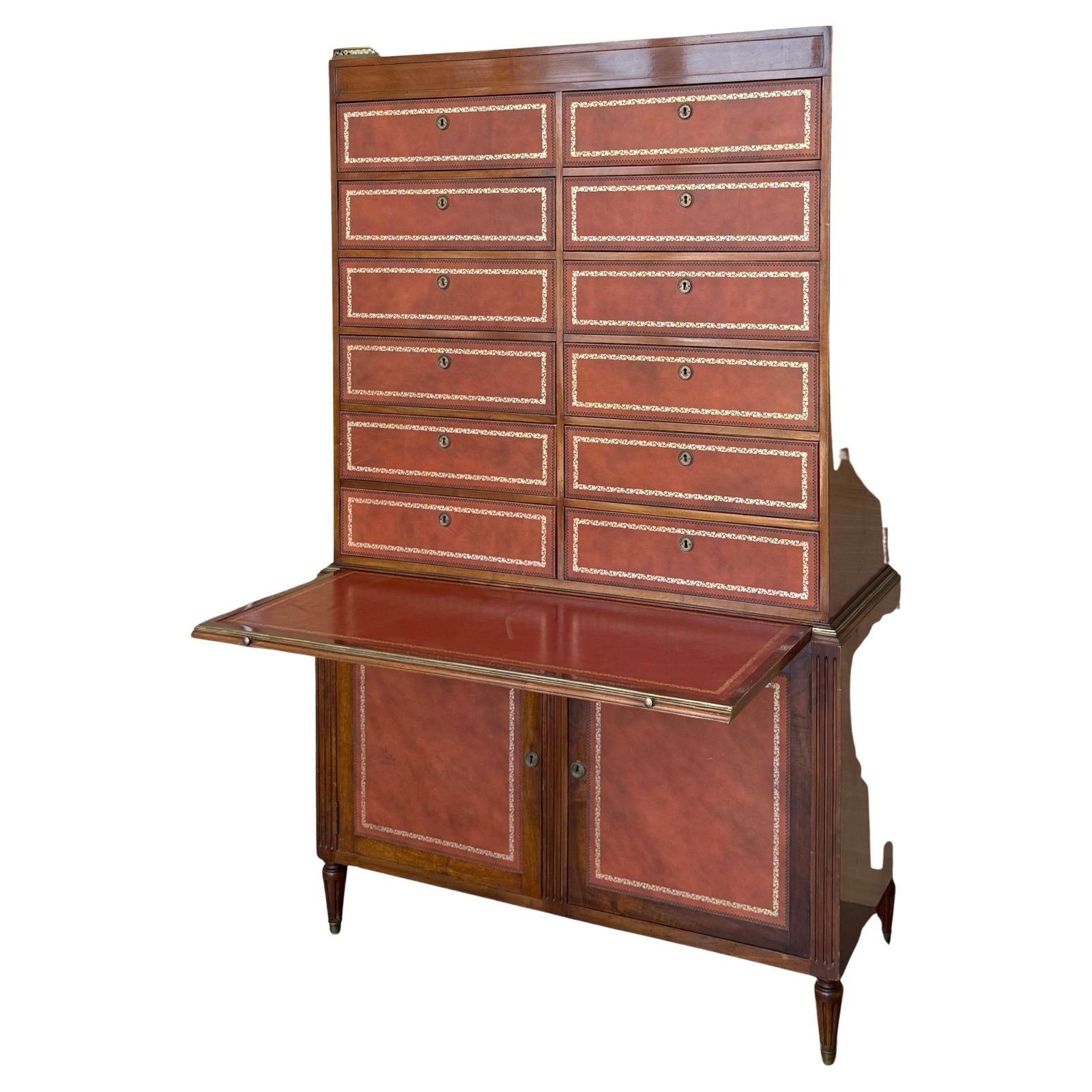 Commode vintage de style Chippendale en cuir gaufré orange, bureau photo furniture