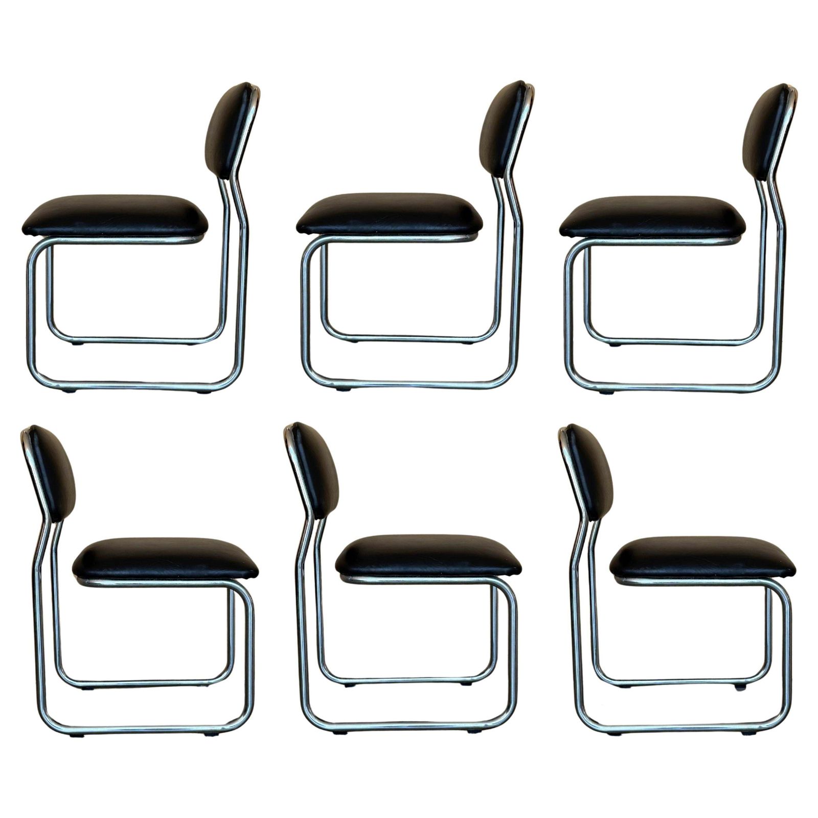 Set Of Six Cantilever Chars In Leather And Steel, 1970s