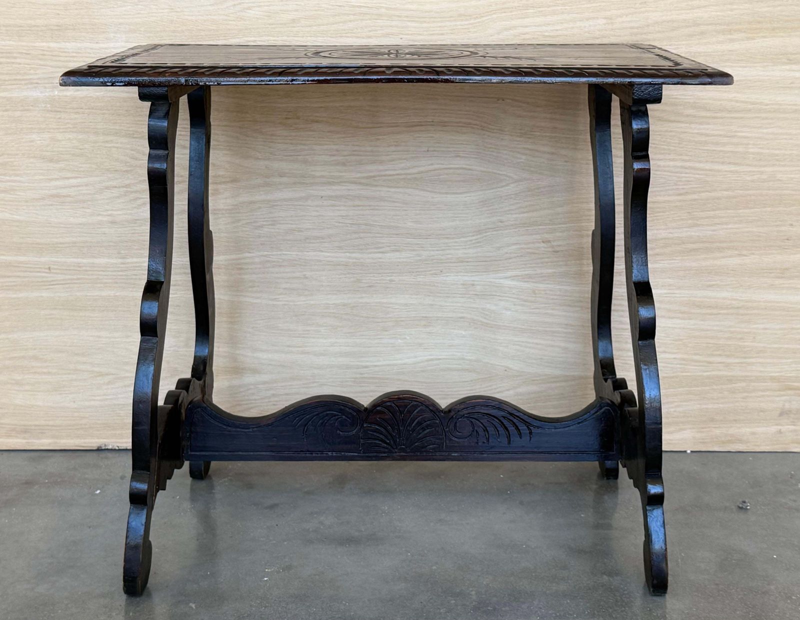 19th  Baroque Spanish Side Table With Lyre Legs And Carved Edges photo for sale