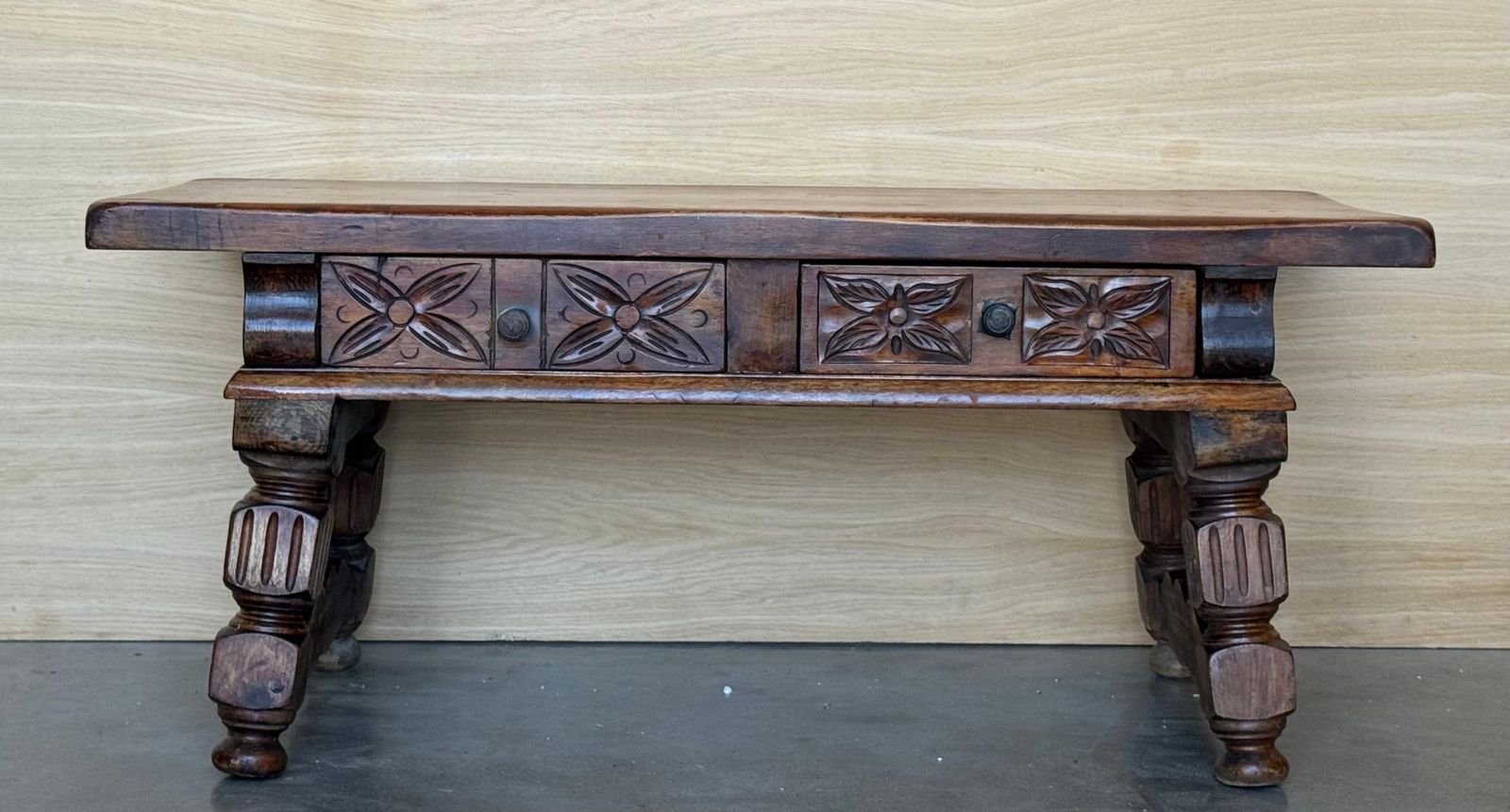 19th Spanish Low Console Table With Solomonic Legs & Two Carved Drawers photo for sale
