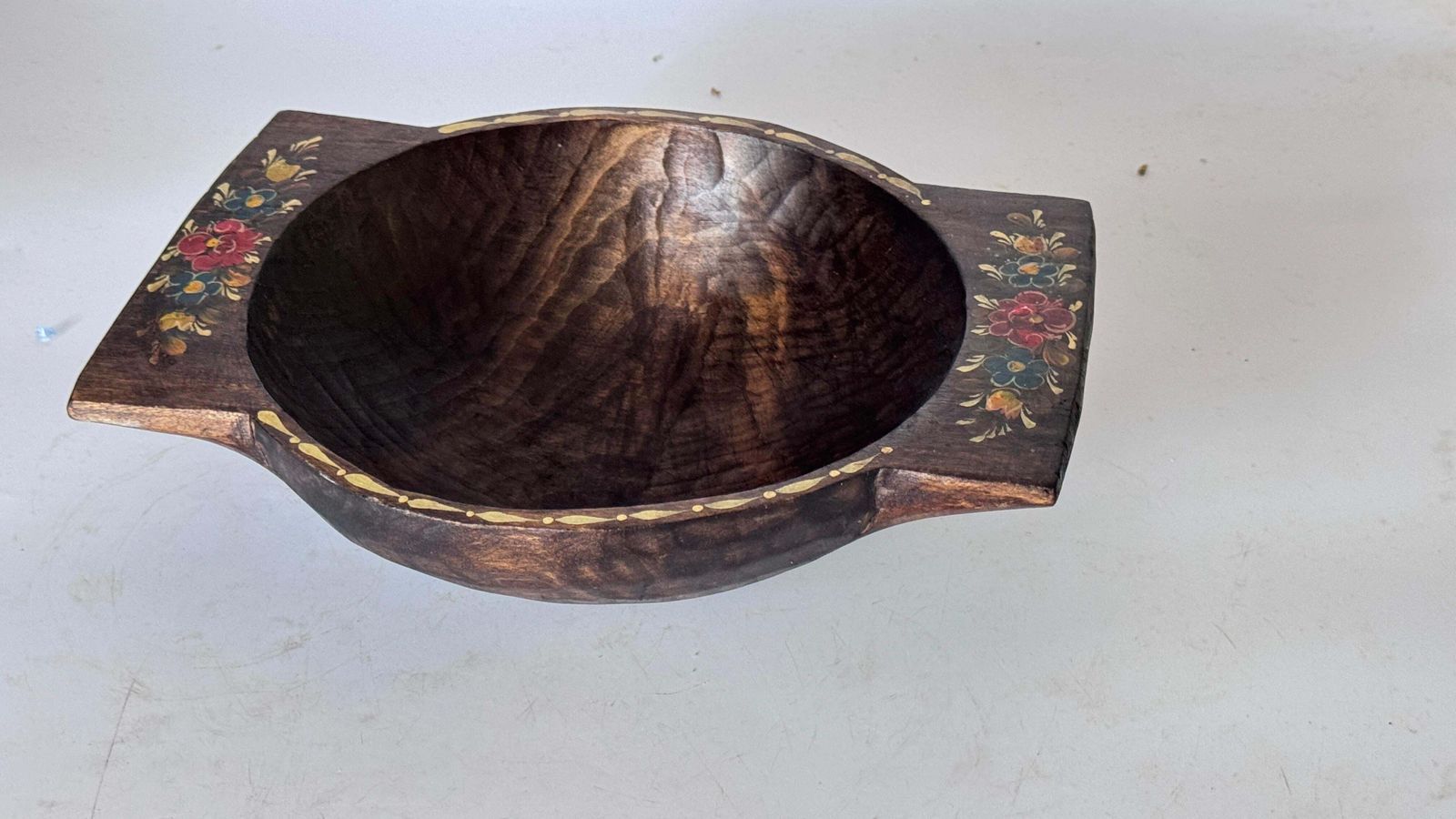19th Century French Provincial Wooden Bowl Hand Painted Floral Motifs photo for sale