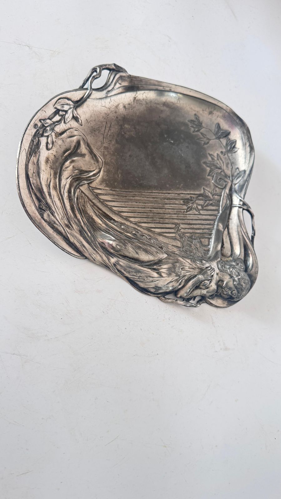 1920s French Art Nouveau Silvered Metal Vide Poche Reclining Woman photo for sale
