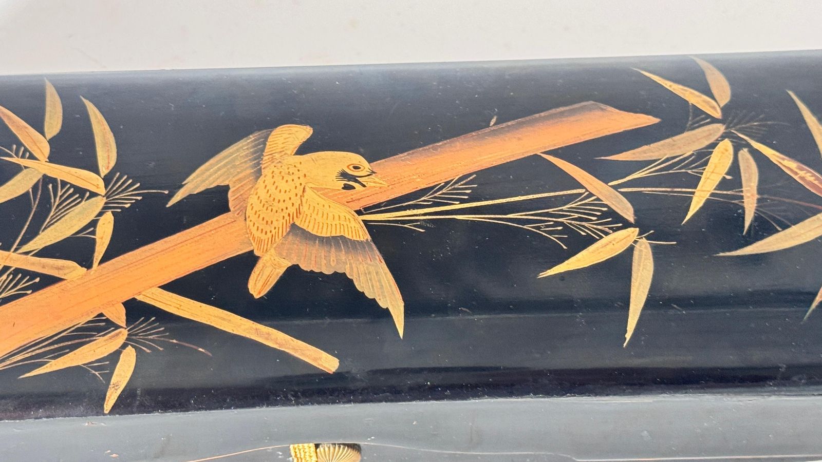 20th Century Japanese Black Lacquer Box With Gold Bird And Reed Motif Decorative photo vintage