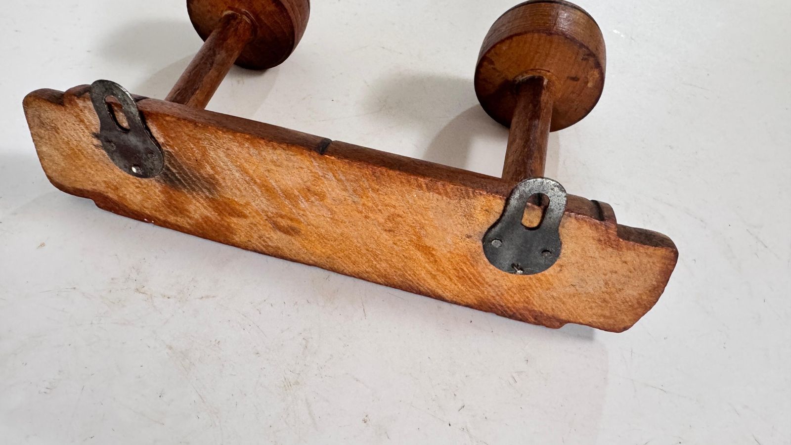 1920s French Wooden Wall Coat Rack With Two Hat And Garment Hooks  Description: photo vintage