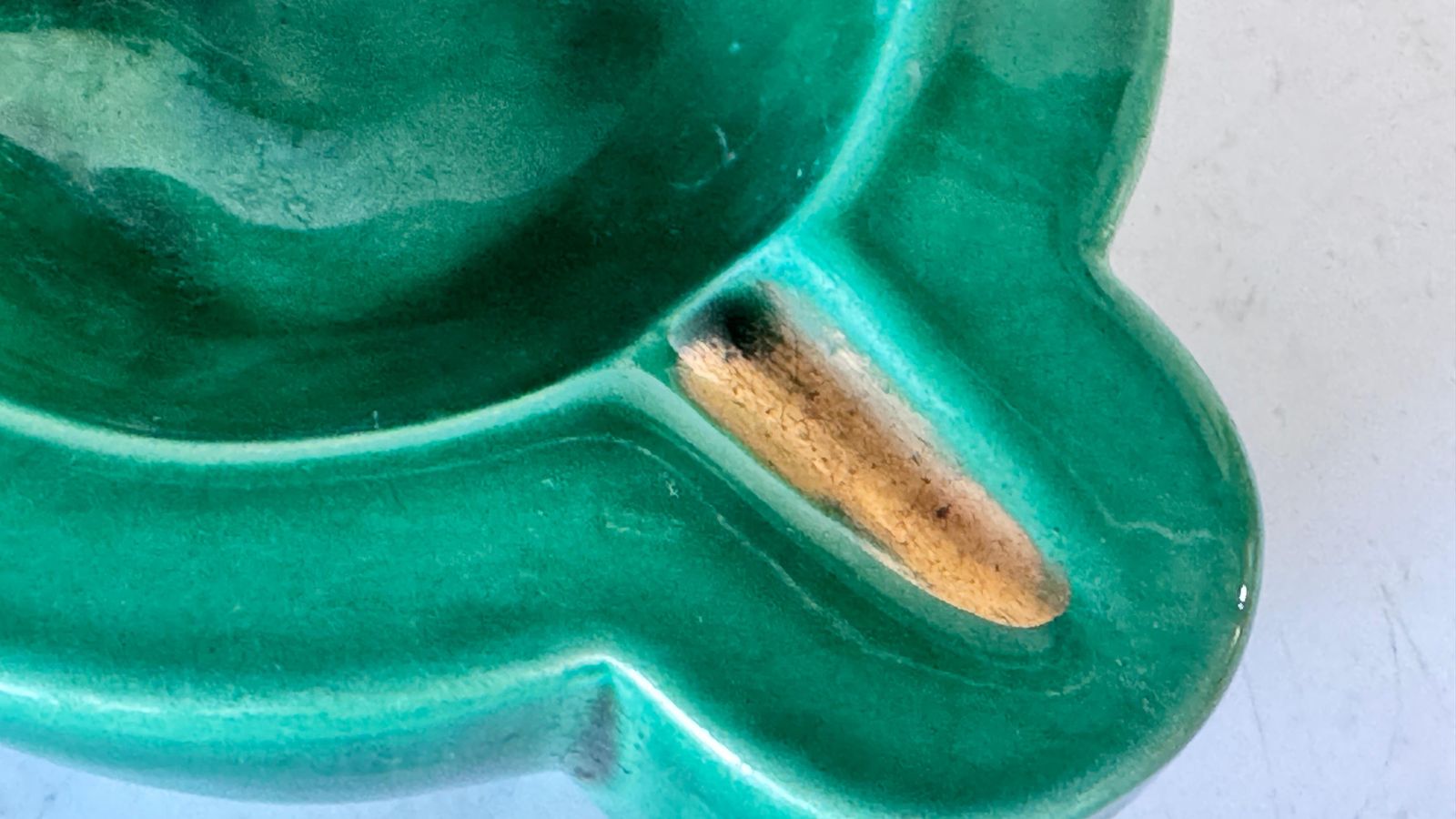 1940s French Art Deco Green Ceramic Ashtray With Gilded Details, Four Cigarette photo furniture