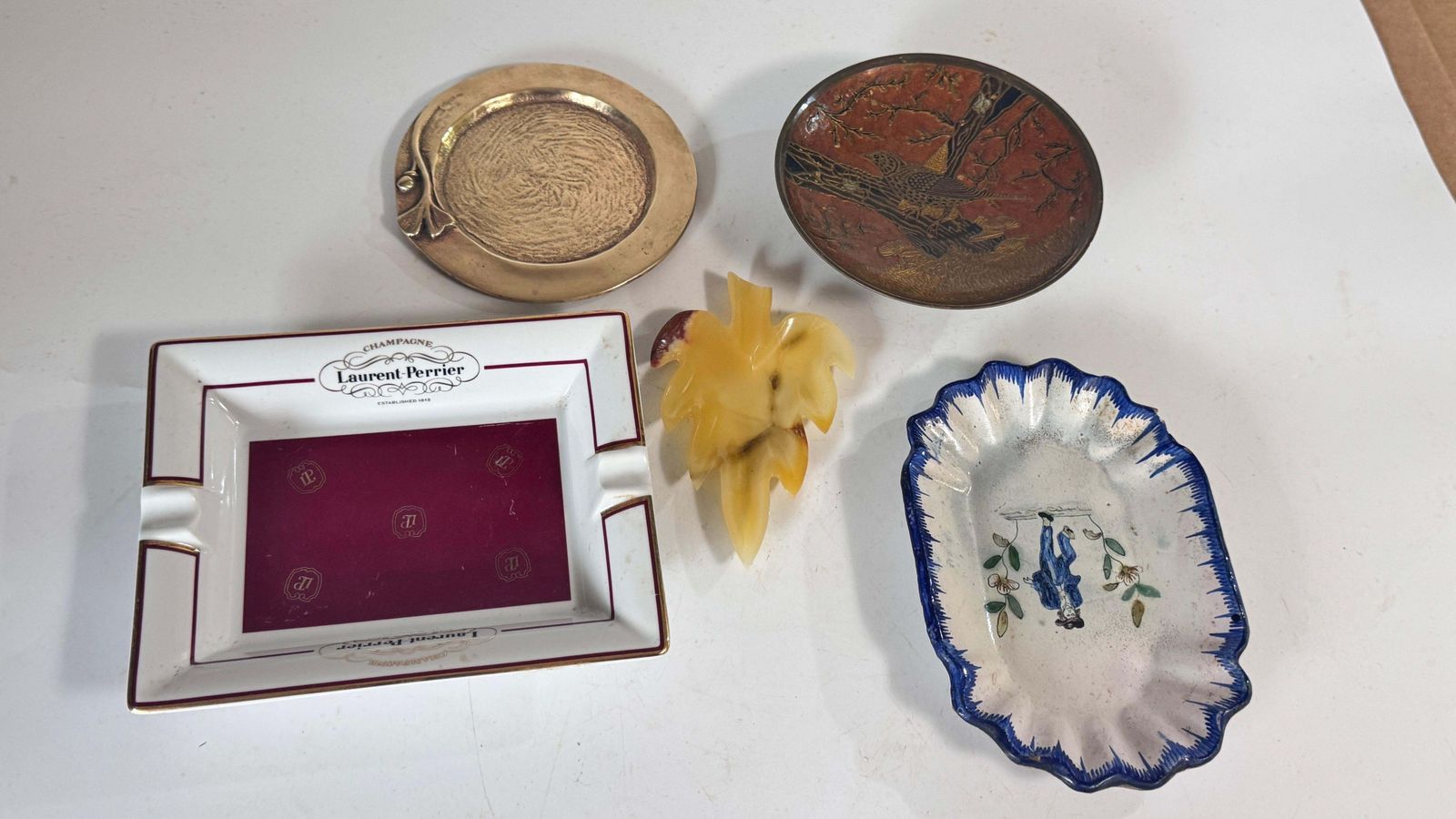 photo for sale Eclectic Set Of 5 Vintage Ashtrays, Mixed Materials – Brass, Metal, Onyx & Ceram