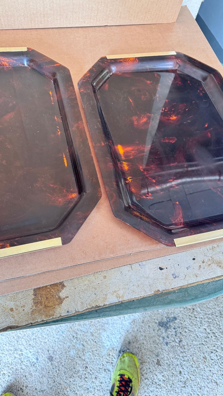 468.0 Pair 1970s French Lucite Trays With Brass Handles, Transparent Brown &Gold photo
