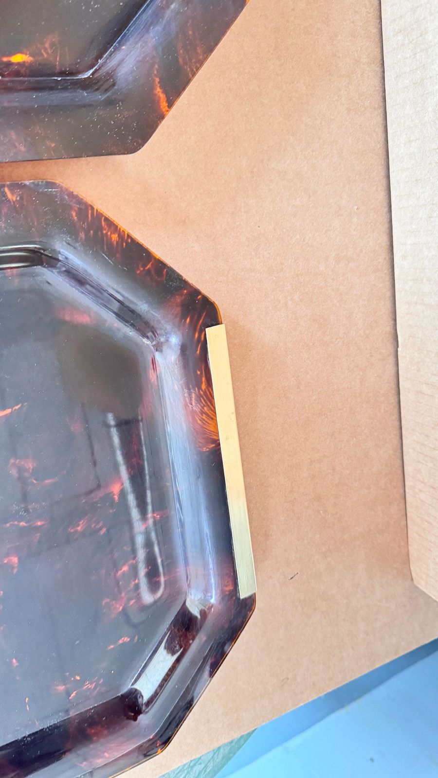 photo vinterior Pair 1970s French Lucite Trays With Brass Handles, Transparent Brown &Gold