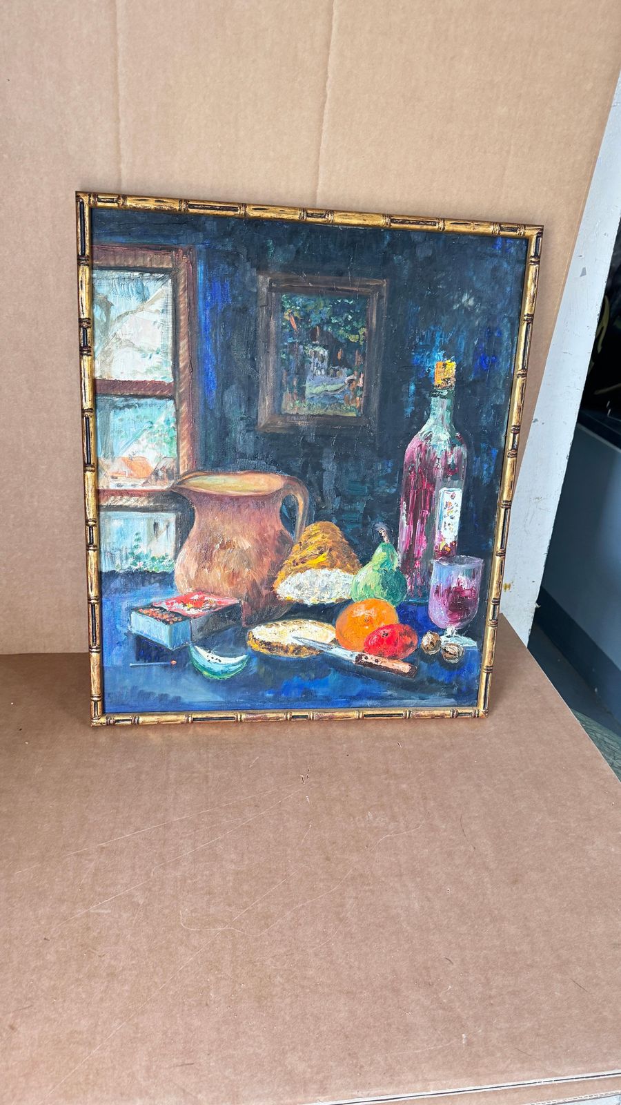 1970s French Still Life Painting, Bold Colors & Thick Texture, Faux Bamboo Gilde photo Art