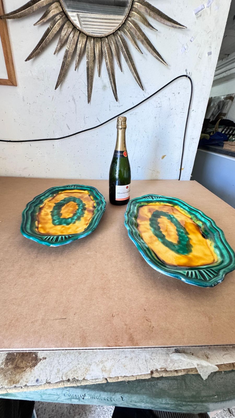 Pair Of 1970s French Ceramic Serving Dishes, Layered Rim Design, Green, Yellow photo furniture