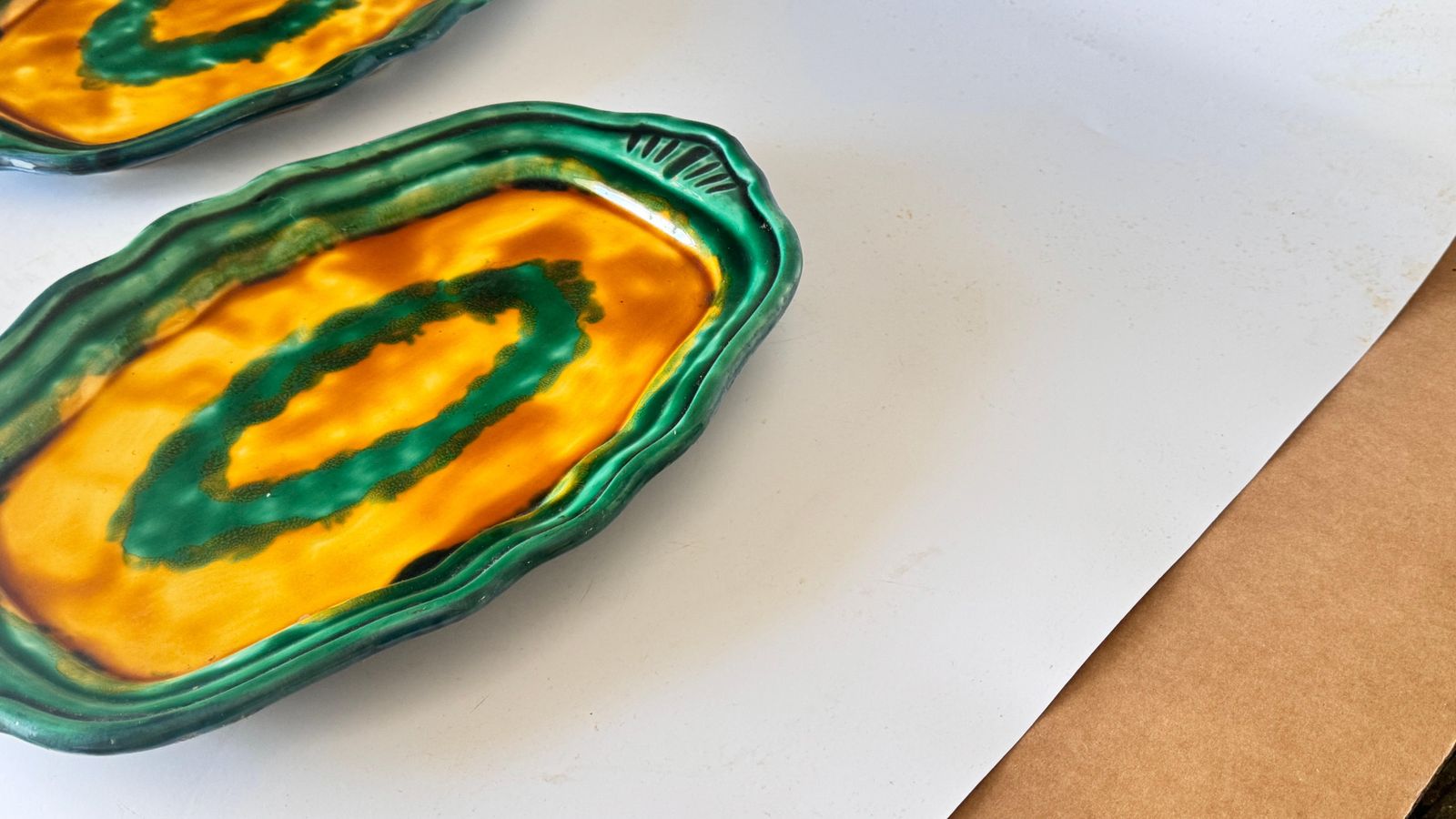 Home Decor Pair Of 1970s French Ceramic Serving Dishes, Layered Rim Design, Green, Yellow photo