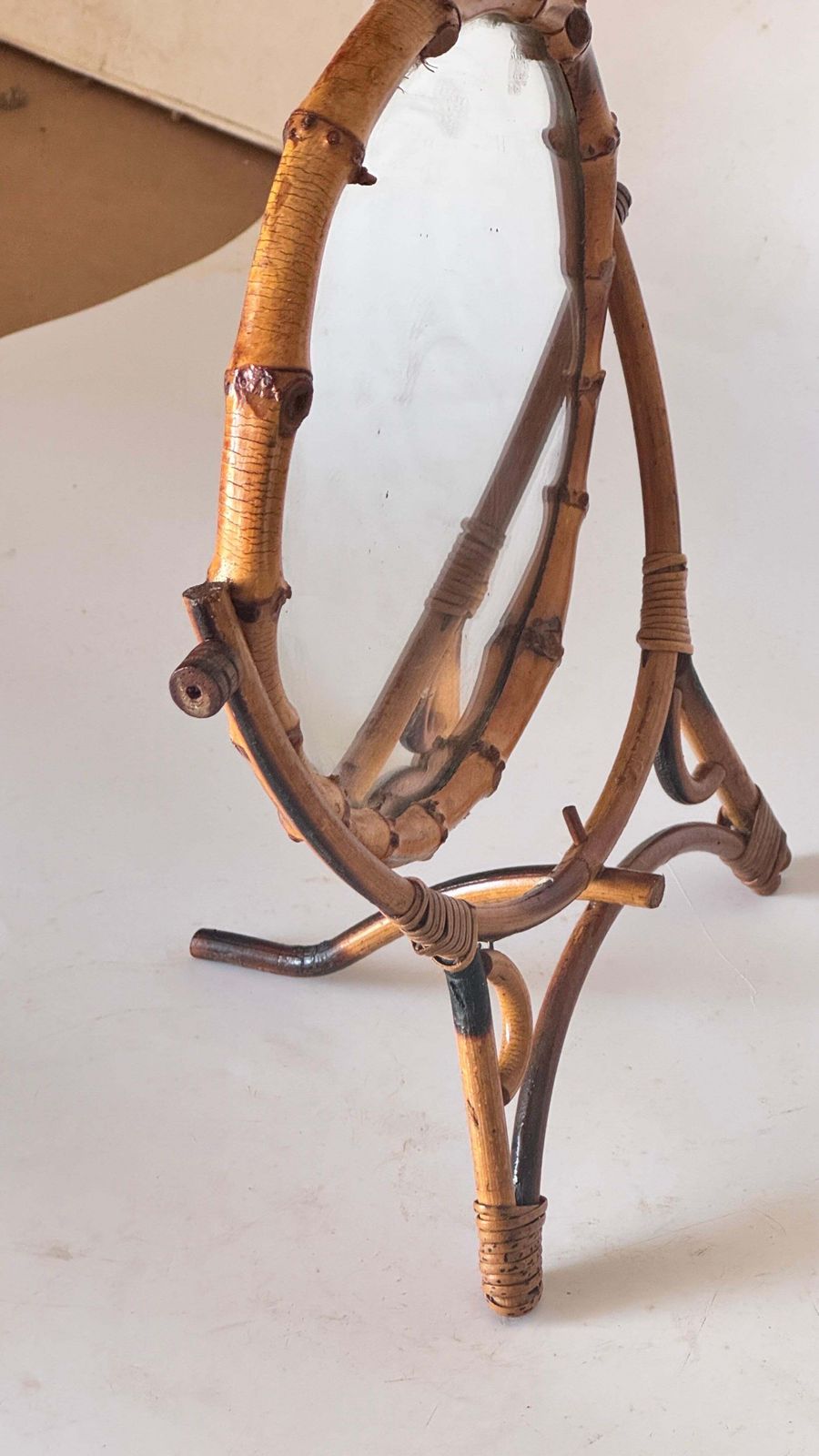 1960s French Riviera Tripod Table Mirror In Rattan, Adjustable Circular Design photo for sale