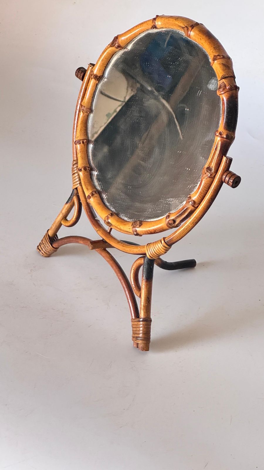 photo furniture 1960s French Riviera Tripod Table Mirror In Rattan, Adjustable Circular Design