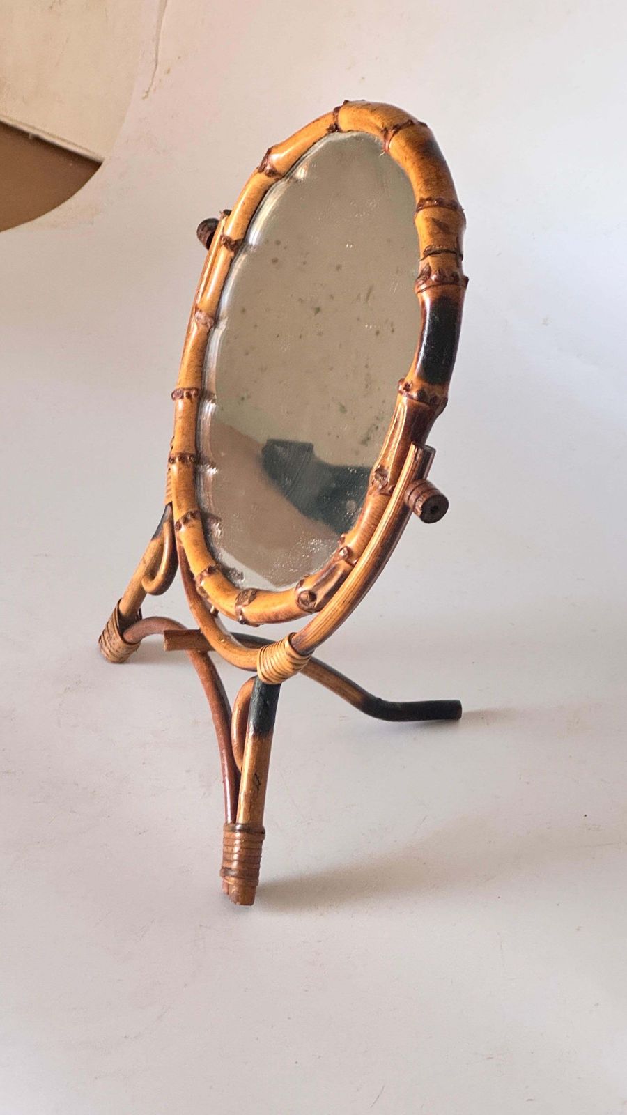 Home Decor 1960s French Riviera Tripod Table Mirror In Rattan, Adjustable Circular Design photo