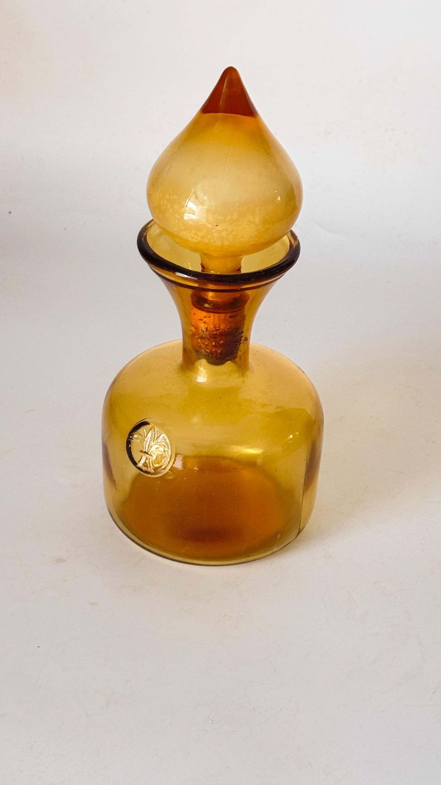 photo for sale 1960s Italian Art Glass Bottle With Large Blown Glass Stopper, Yellow Orange Hue