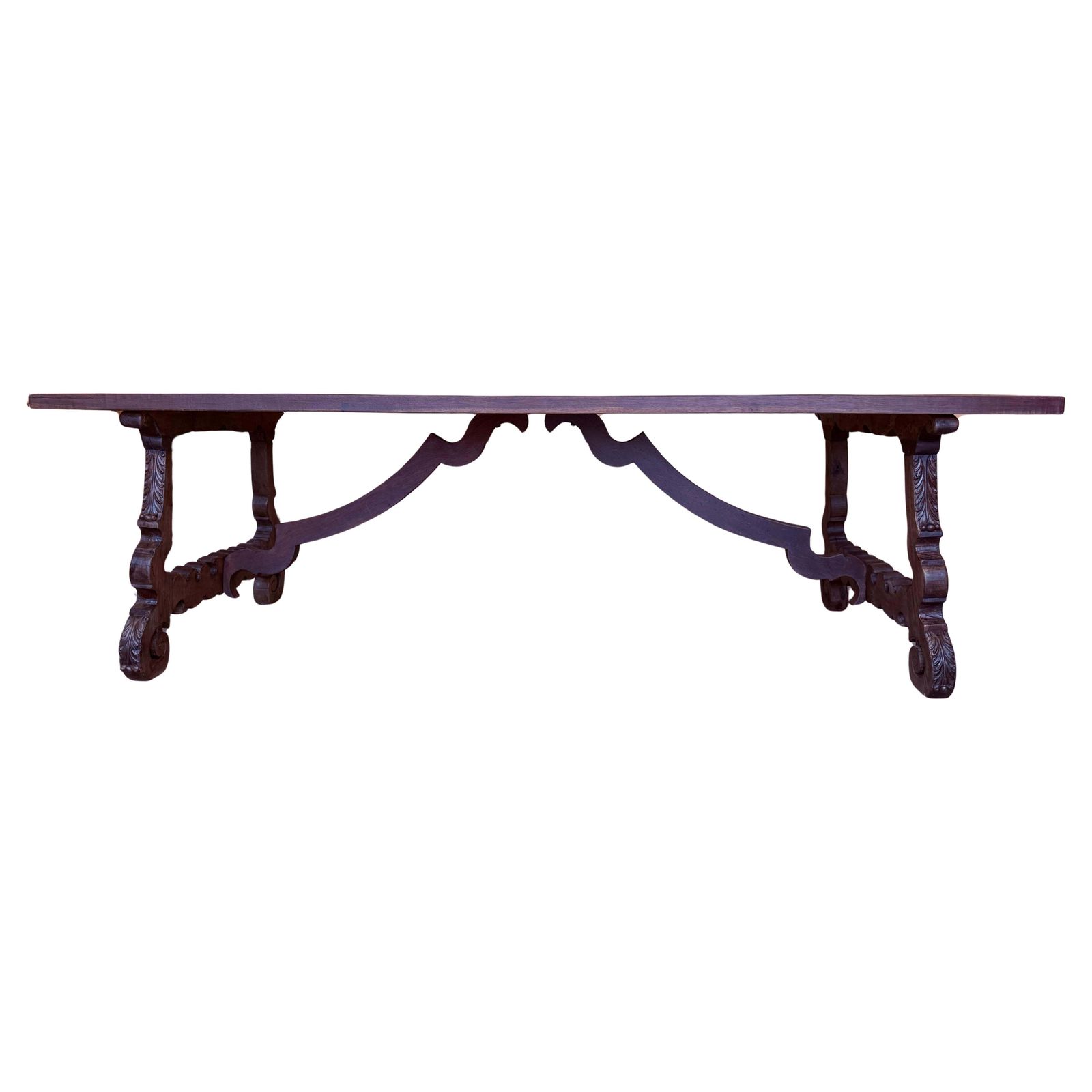 Grande table à manger ou de bureau espagnole du XVIIIe siècle, pieds sculptés et entretoise en fer