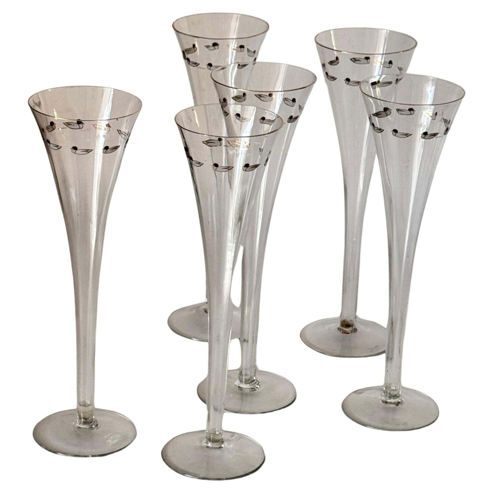 Set Of Six French Crystal Champagne Coupes, Single Piece Design With Duck Motifs
