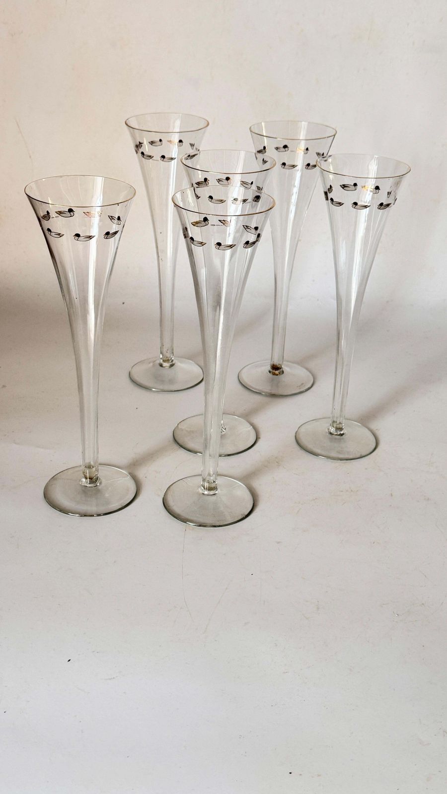 Set Of Six French Crystal Champagne Coupes, Single Piece Design With Duck Motifs photo for sale