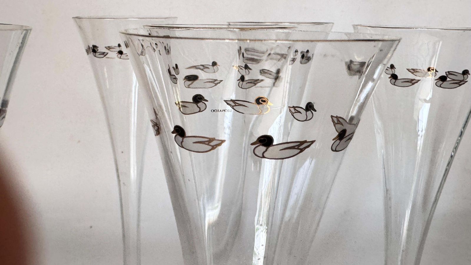 Set Of Six French Crystal Champagne Coupes, Single Piece Design With Duck Motifs photo vinterior