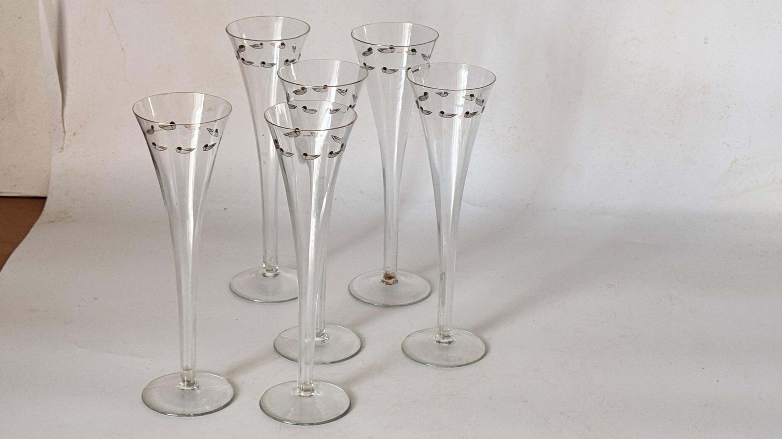 372.0 Set Of Six French Crystal Champagne Coupes, Single Piece Design With Duck Motifs photo
