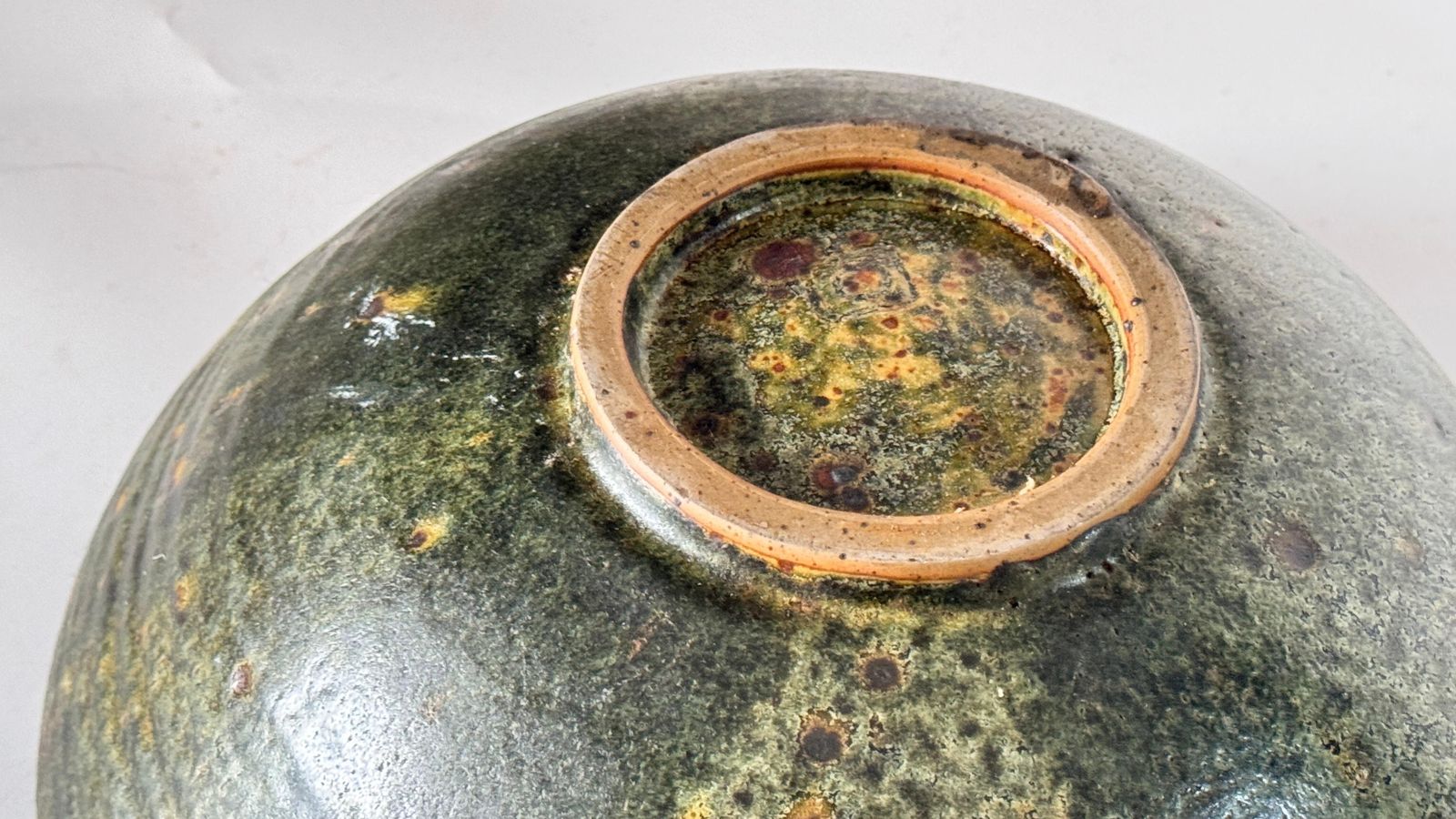 photo furniture Scandinavian Stoneware Bowl, Green & Earth Toned Glaze, Decorative 1960s