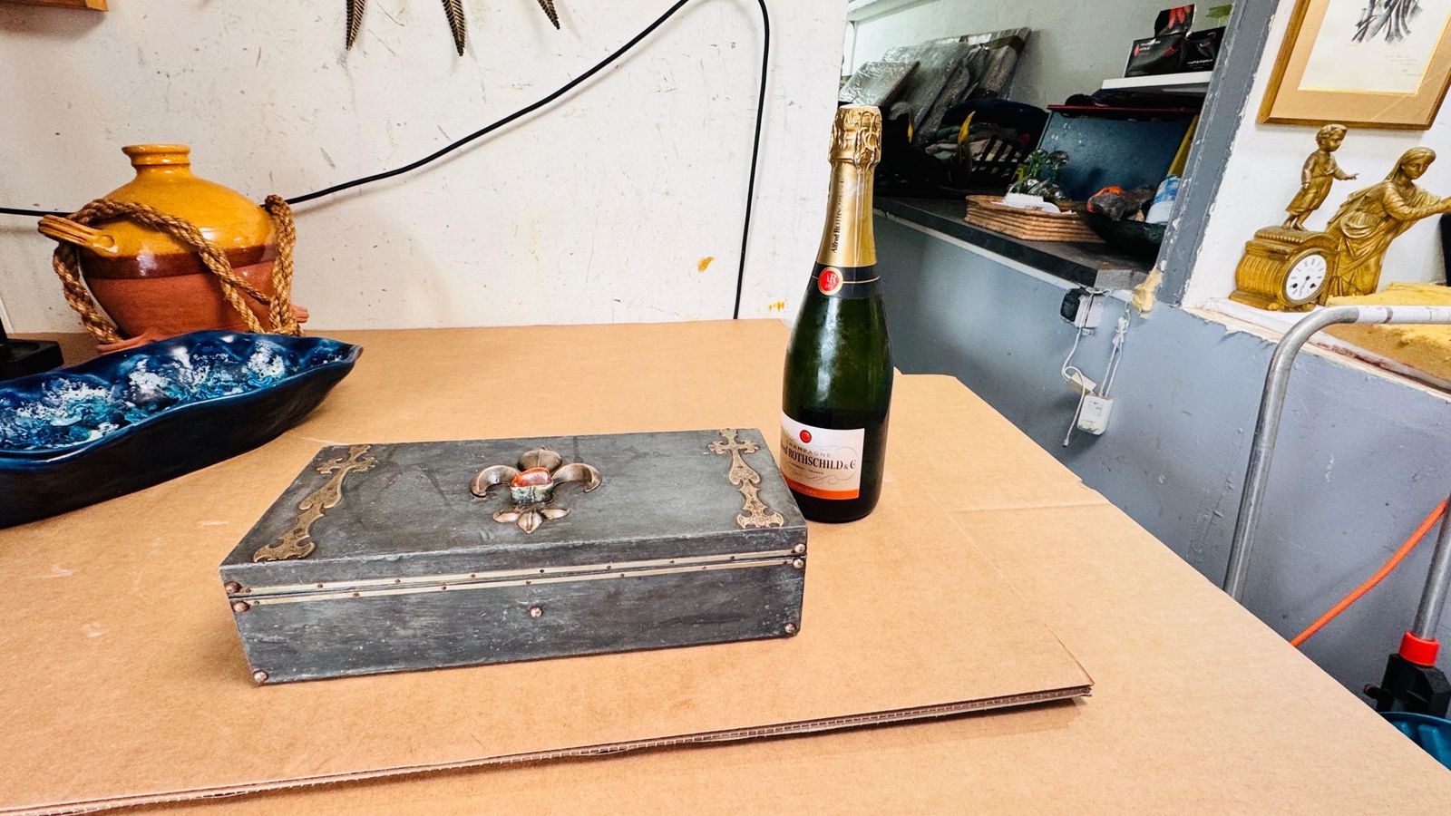 Handcrafted Pewter Cigar Box With Brass Inlays, Fleur De Lys Motif, 1970s Franc photo furniture