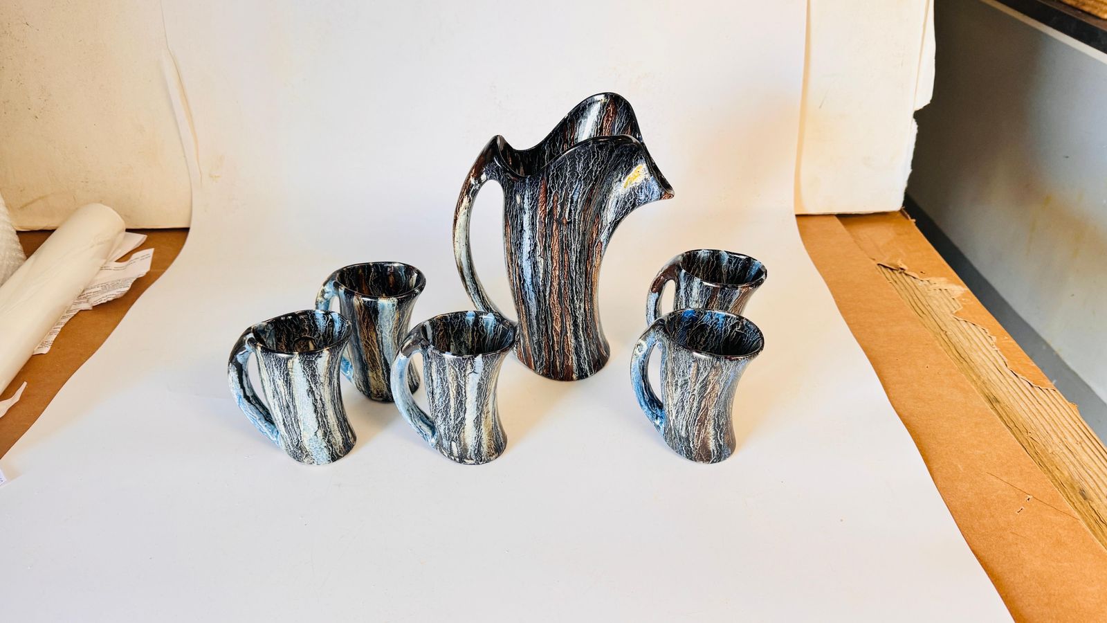 photo for sale 1960s Ceramic Orangeade Set With Pitcher And Mugs, Freeform Design, Vallauris