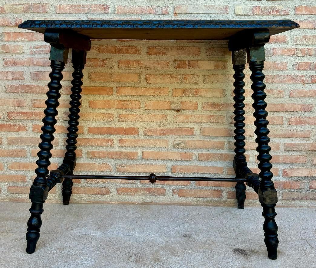 Early 20th Century Spanish Side Table With Turned Legs And Iron Stretcher, 1920s photo furniture