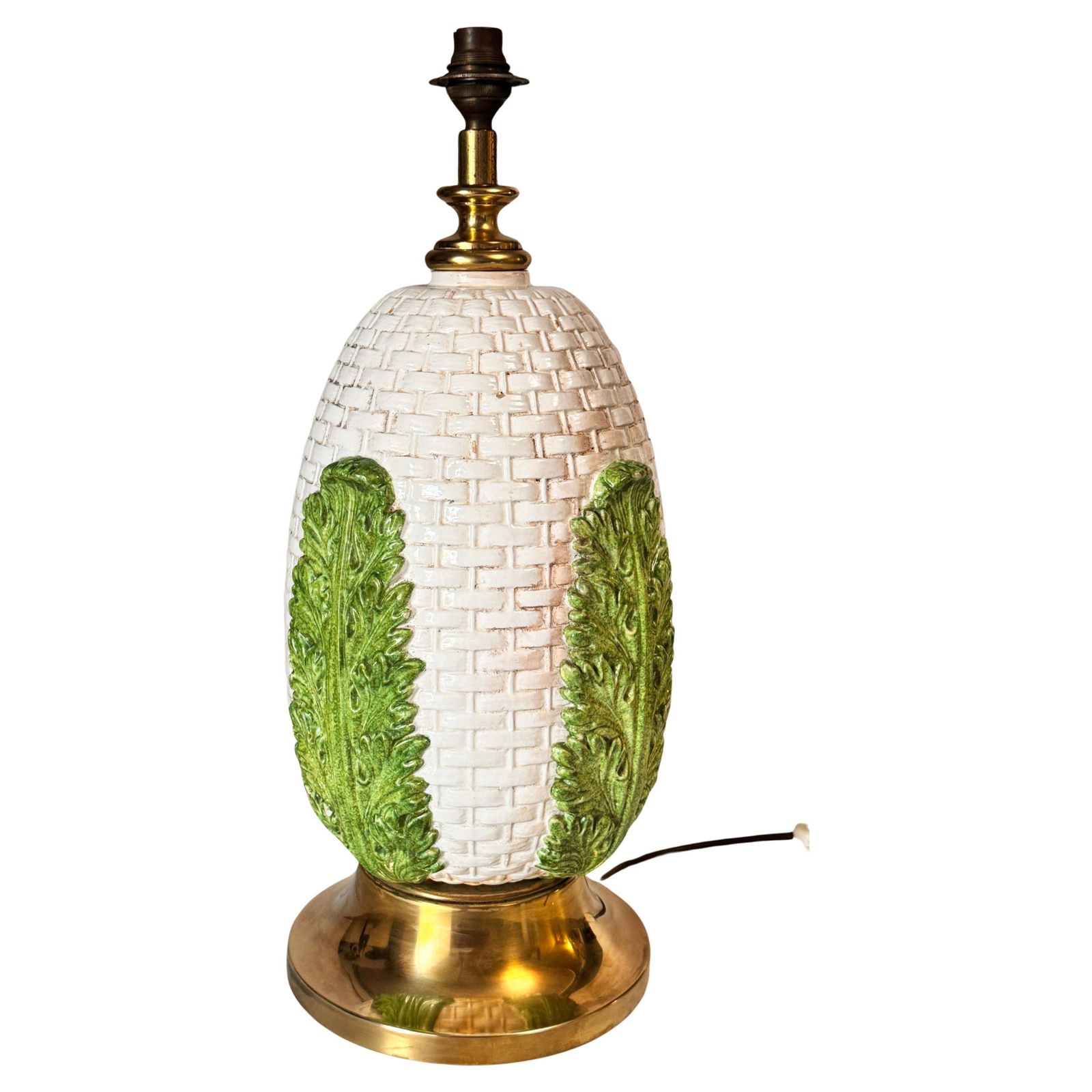 Table Lamp In Brass And Old Patinated Ceramic Green And White Color France 1970 photo furniture