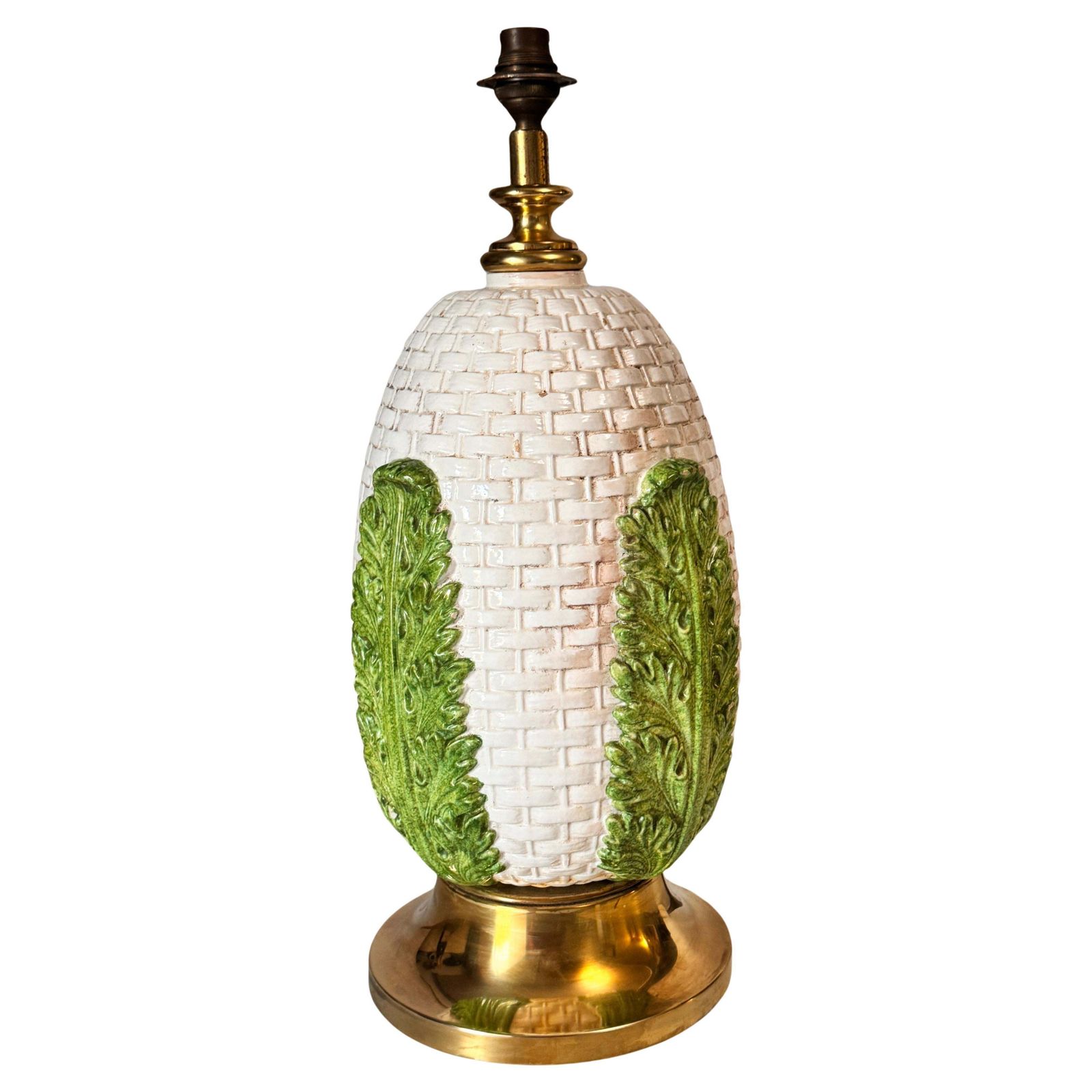 Table Lamp In Brass And Old Patinated Ceramic Green And White Color France 1970 photo for sale