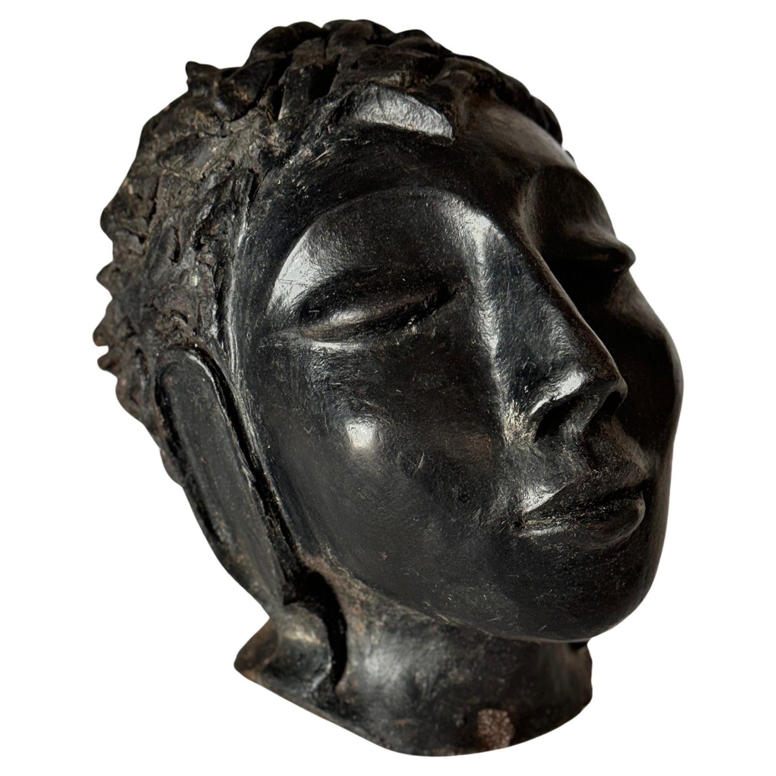 Art Deco Terracotta Sculpture Black Color Woman Head France 1940 Signed