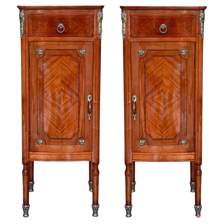 Tables de nuit françaises hautes et étroites en marqueterie, avec tiroir et porte, en loupe de chêne