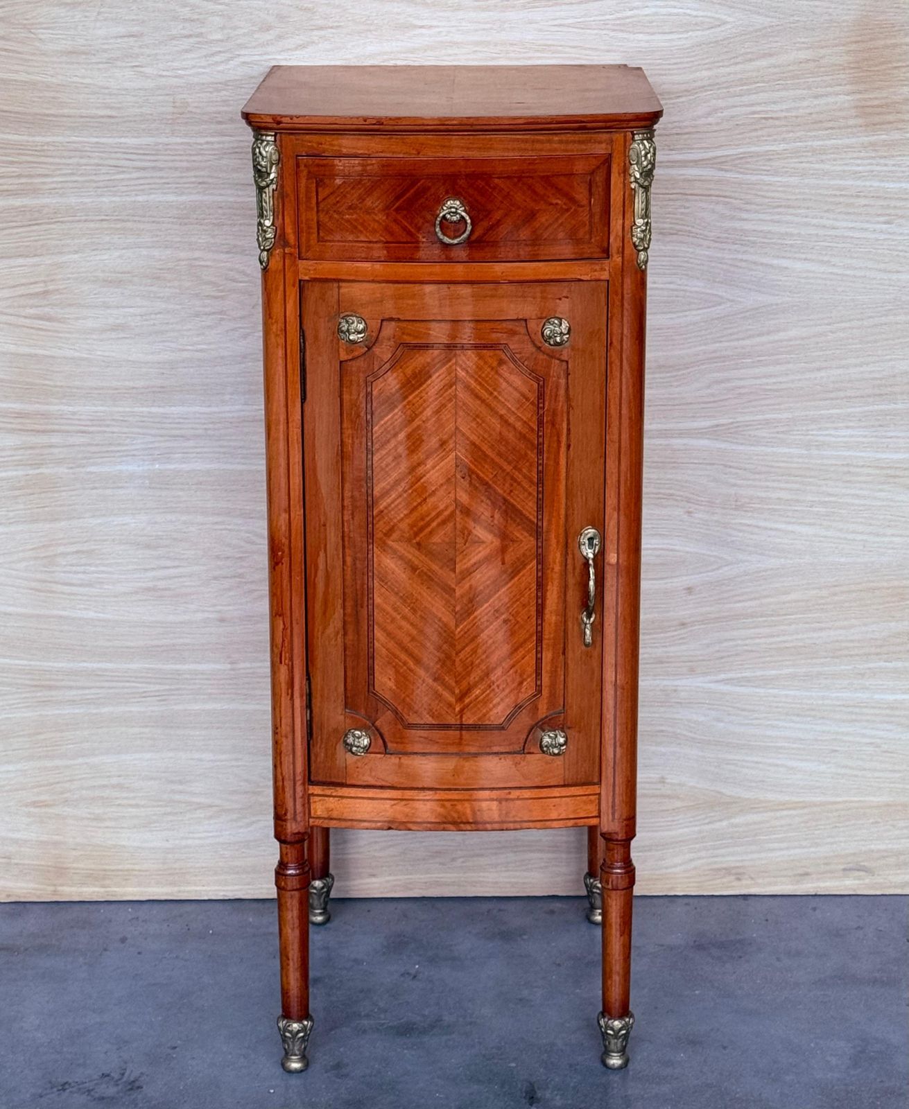 Hight Tall Narrow French Marquetry Nightstands With Drawer And Door In Burl Oak photo furniture