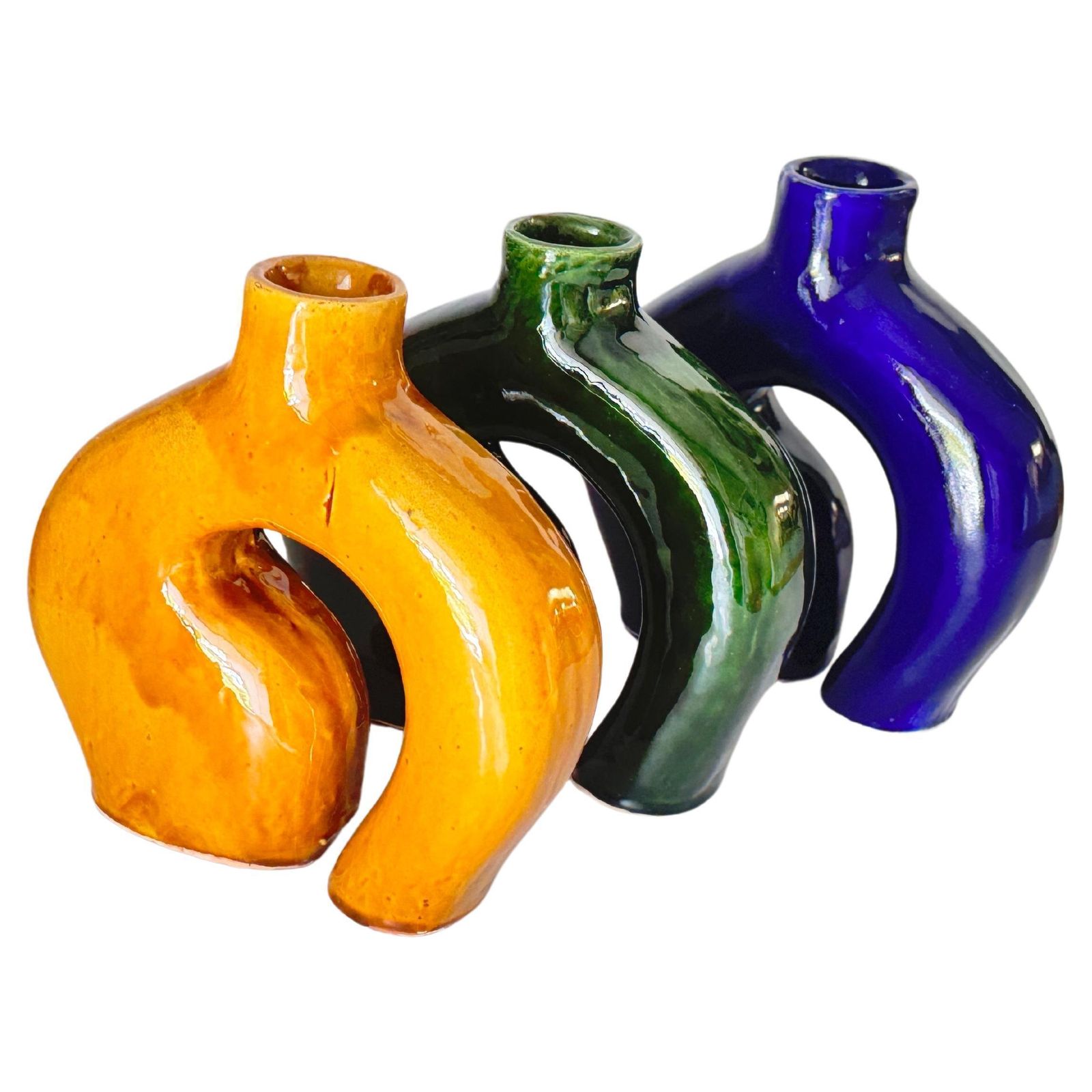 Vase In Enameled Ceramic Green, Blue And White Italy 1970 Set Of 3