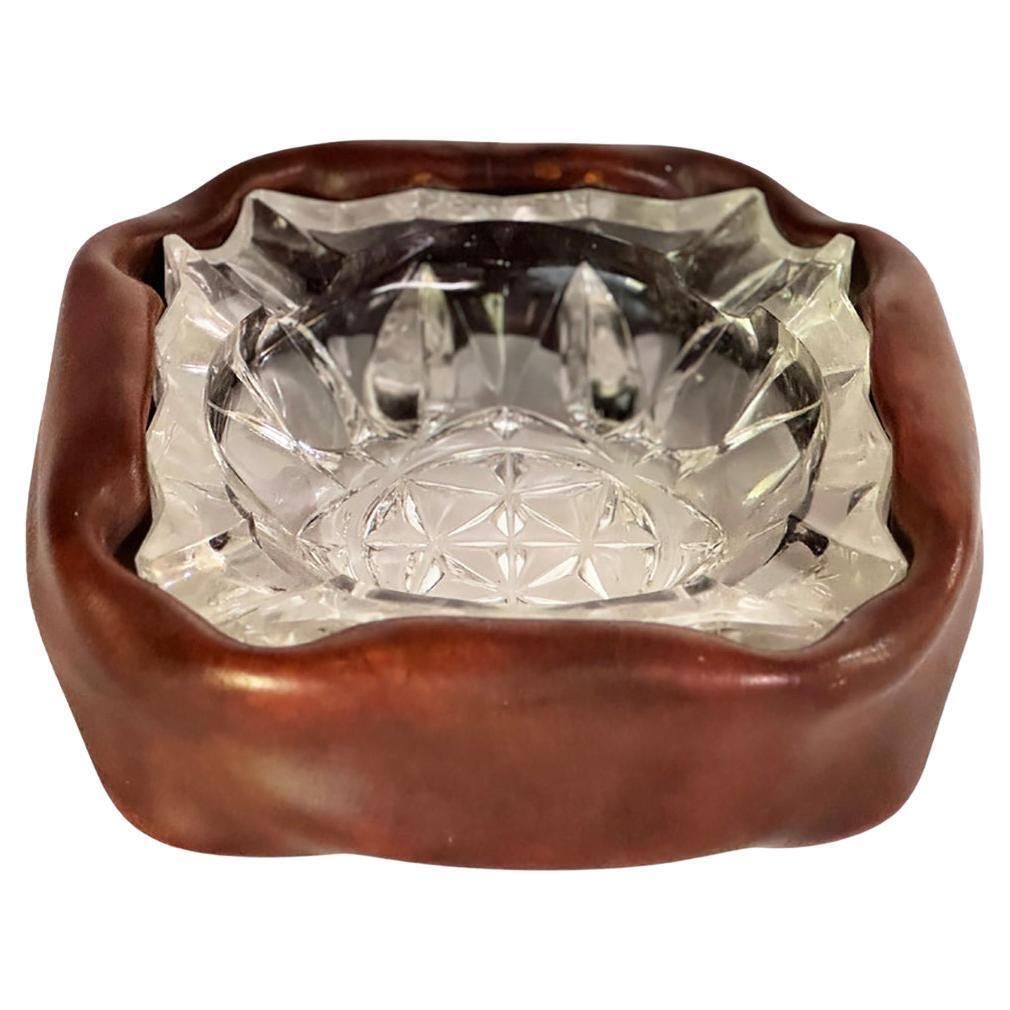 Ashtray In Glass With A Leather Cover, Brown Color, France 1970