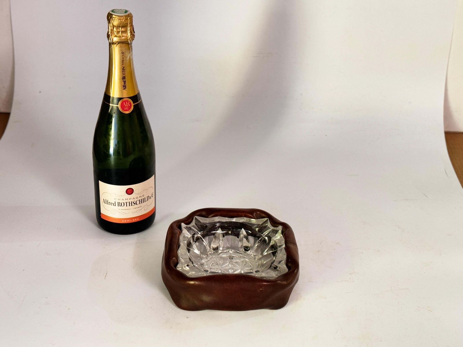 Ashtray In Glass With A Leather Cover, Brown Color, France 1970 photo furniture